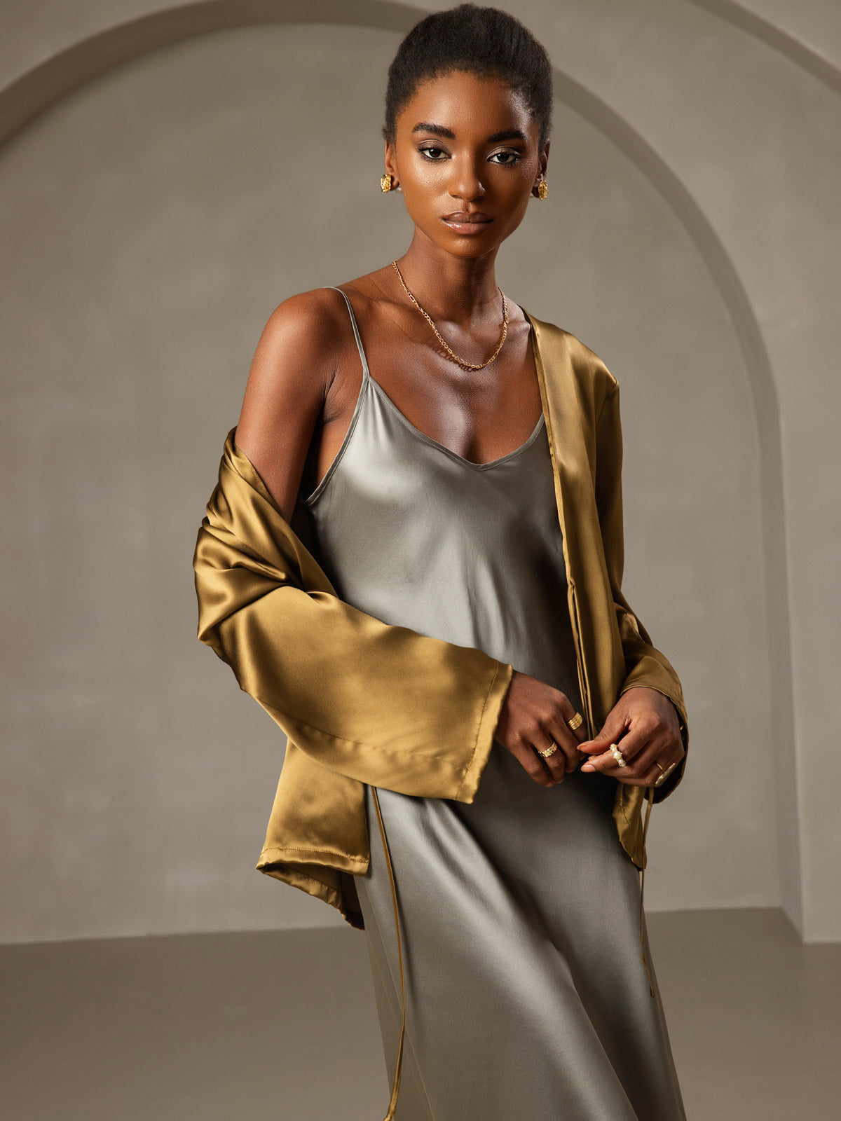 [Verde Grigiastro] SilkSilky-IT Seta pura Dress 003,