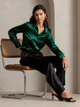 [Verde Scuro] SilkSilky-IT Long Sleeve Lapel Collar Camicie da donna 003