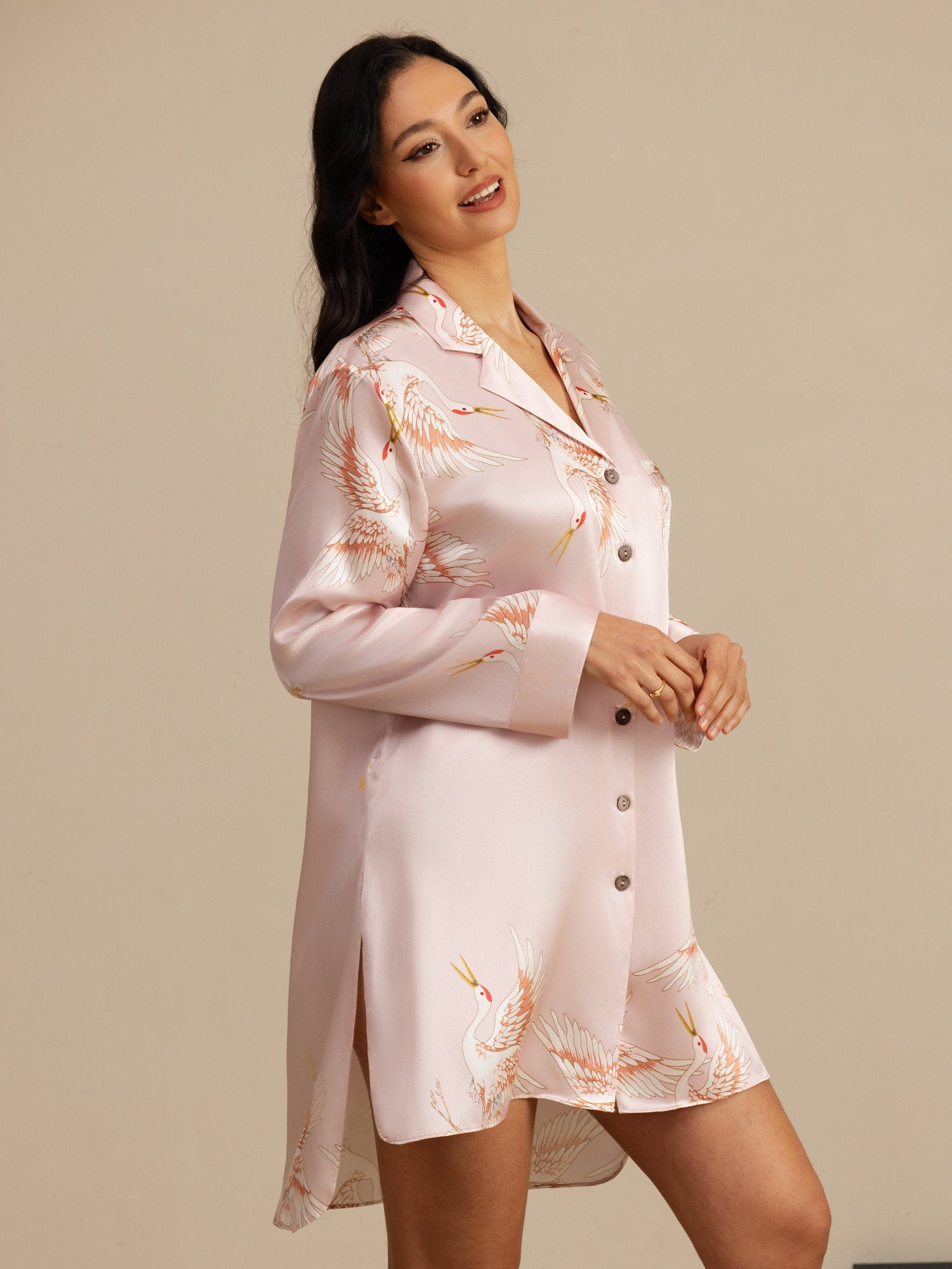 [Rosa] SilkSilky-IT 19Momme Manica lunga Collo a Taglio Camicia da notte 004