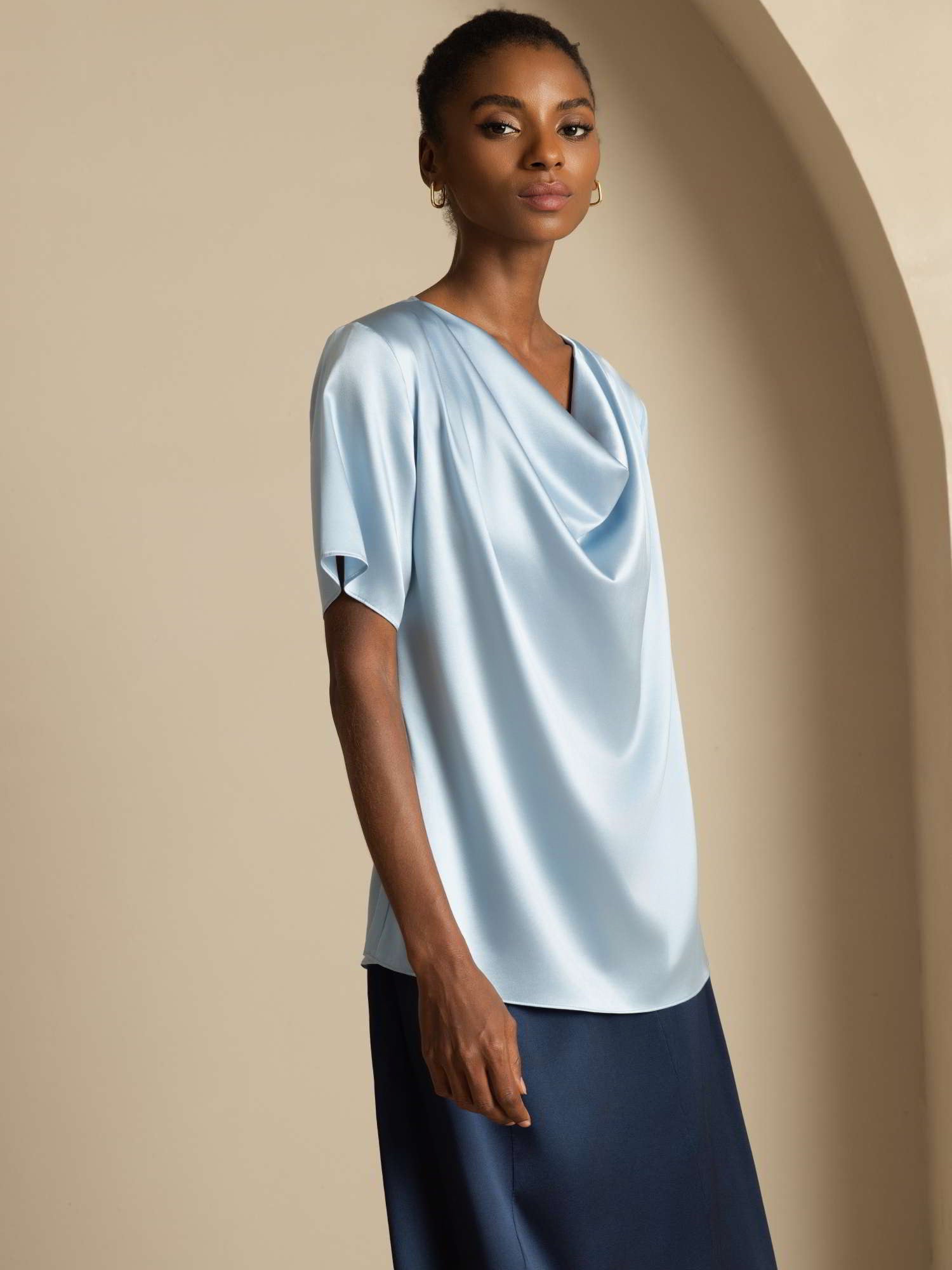 [Blu Grigiastro] SilkSilky-IT 19Momme Maniche Corte Collo drappeggiato Camicette 006