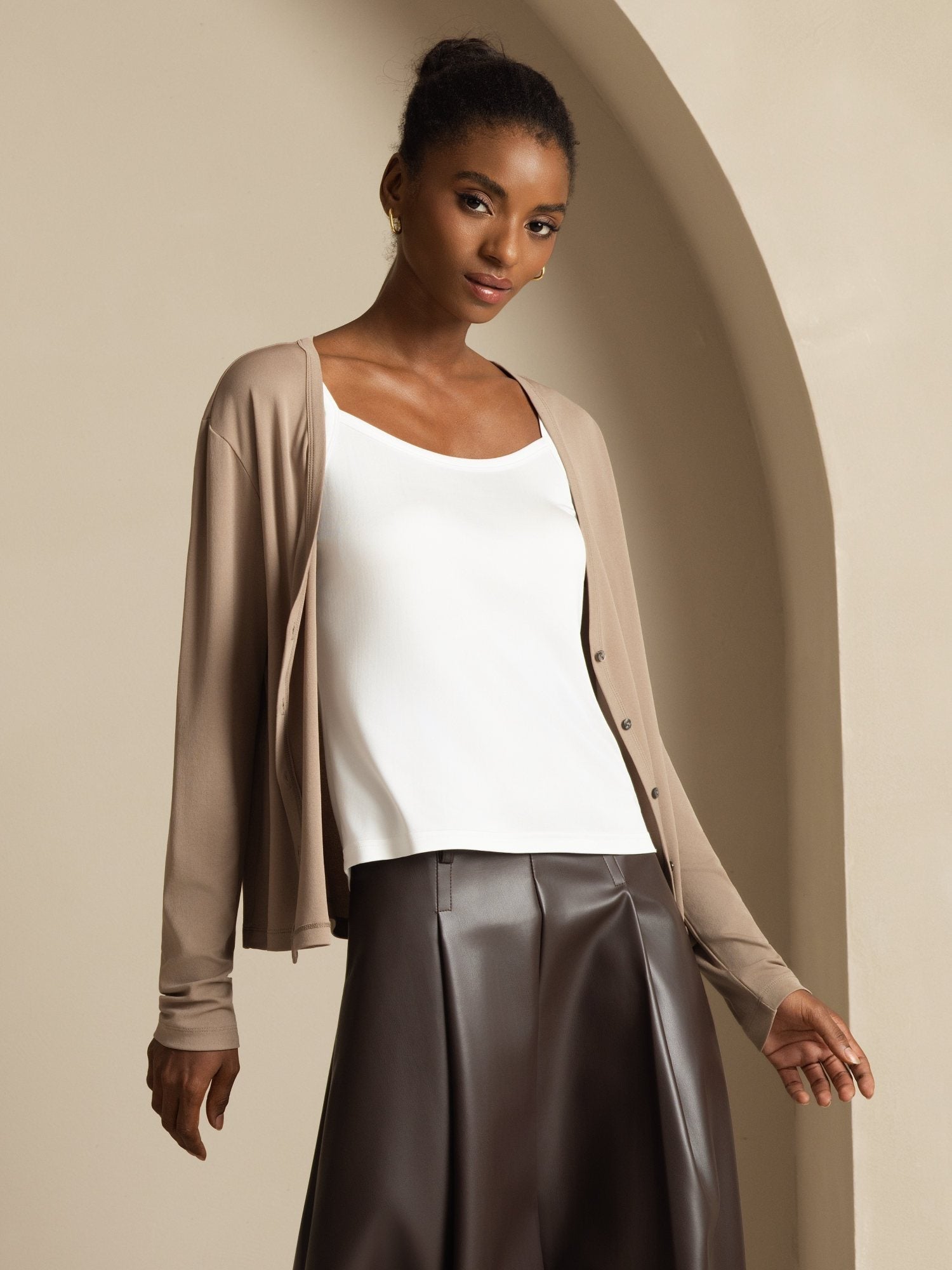 [MarroneChiaro] SilkSilky-IT 19Momme Seta Manica lunga Scollo a V Cardigan Donna 003