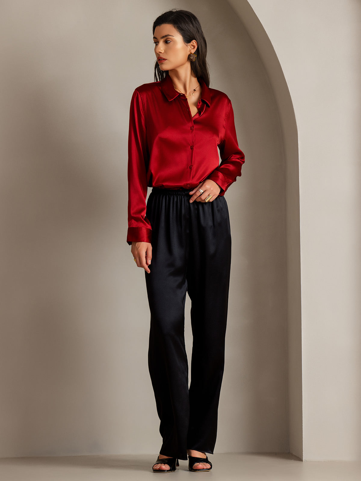 [Rosso] SilkSilky-IT 19Momme Manica lunga Colletto con Revers Camicie da donna 006