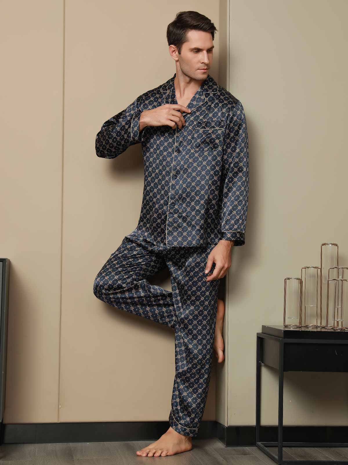 [Catena Blu Navy] SilkSilky-IT Seta pura Mens Pajamas 005,