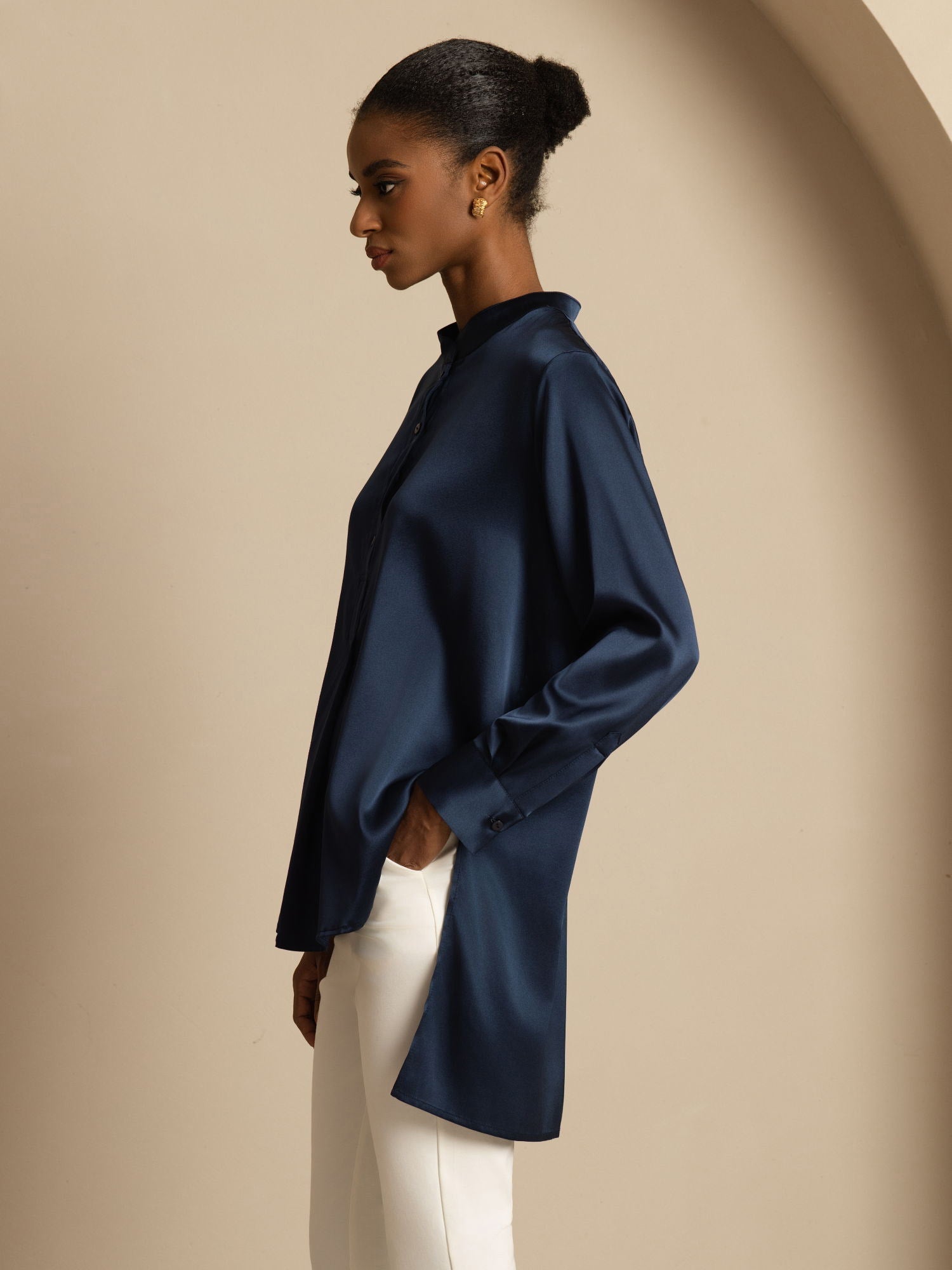 [Blu Scuro] SilkSilky-IT 19Momme Seta Manica lunga Collo Alto Camicette 003