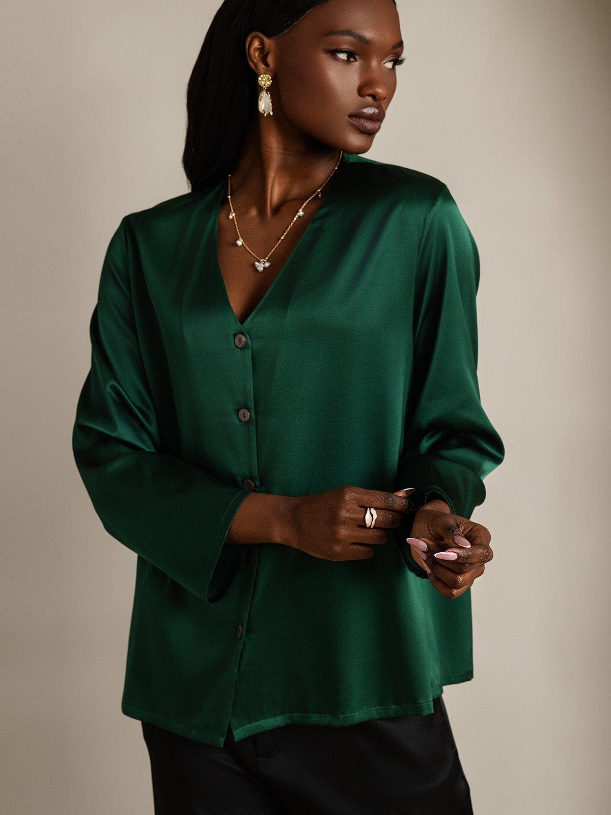 [Verde Scuro] SilkSilky-IT 19Momme Seta Collo a V Camicie da donna 004