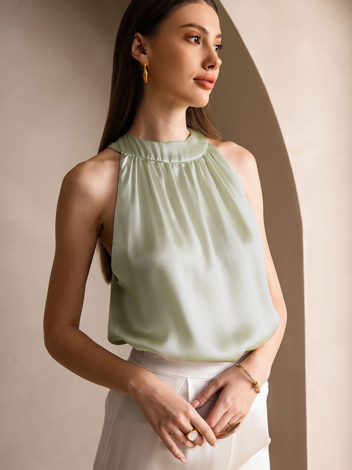 [Verde Chiaro] SilkSilky-IT 19Momme Seta Womens T-Shirt 003