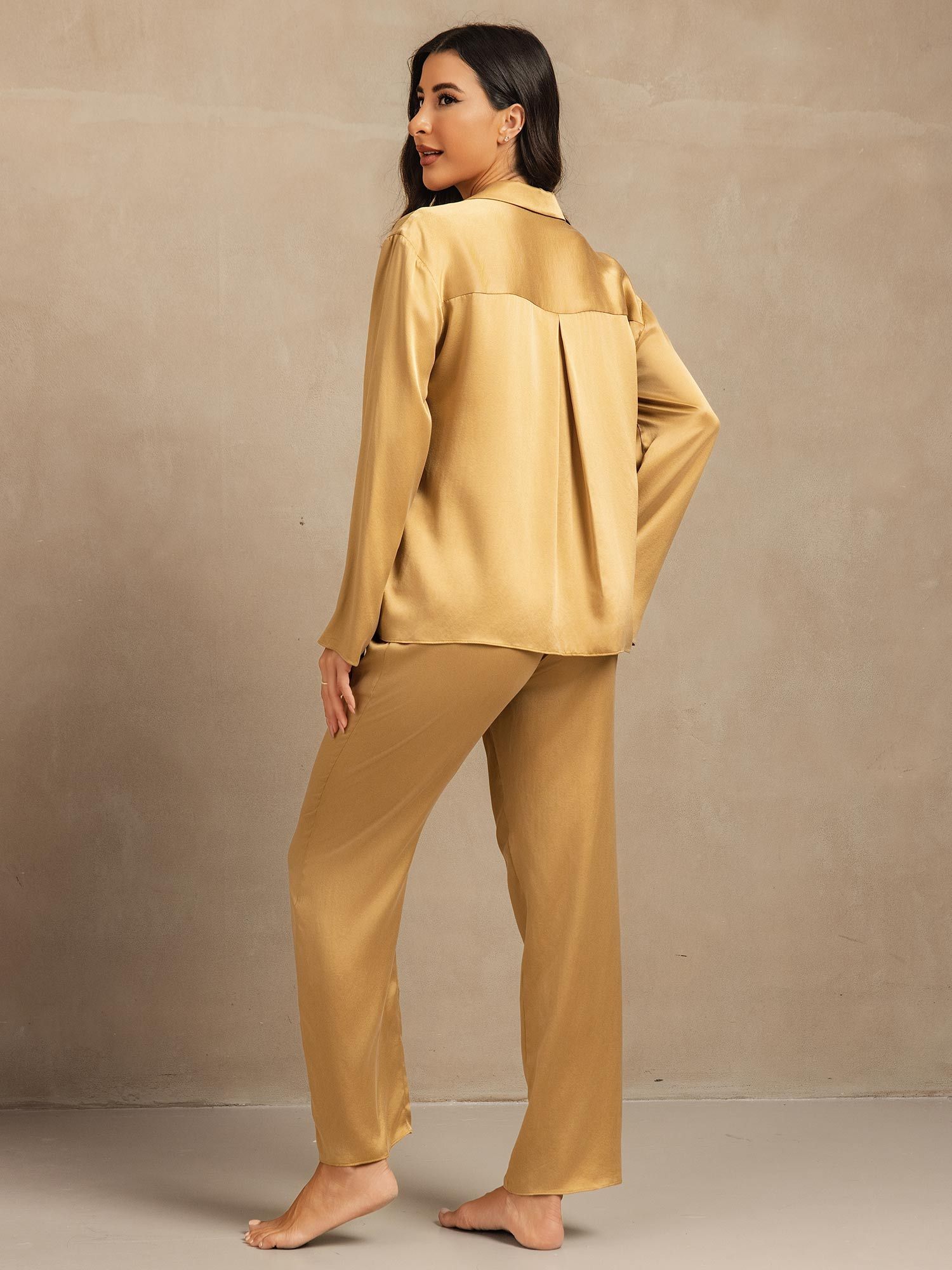 [MarroneChiaro] SilkSilky-IT 19Momme Seta Scollo a V dentellato Pigiami da donna 002