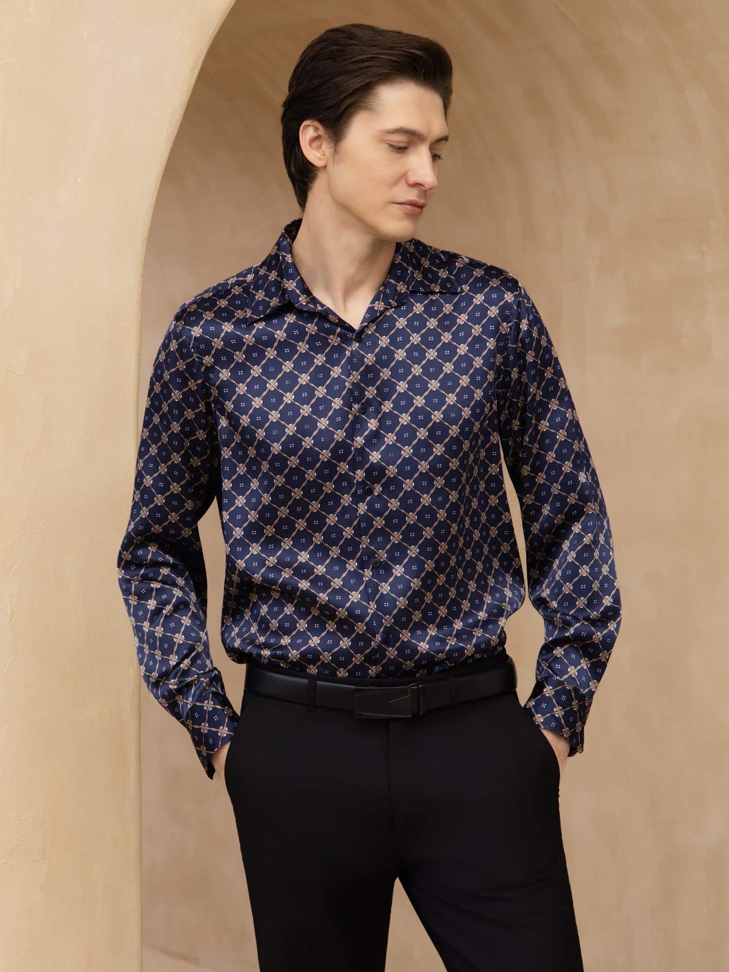 [Catena Blu Navy] SilkSilky-IT Manica lunga Colletto con Revers Camicia da uomo 005