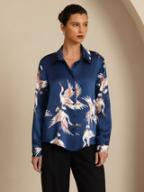 [Blu Scuro] SilkSilky-IT 19Momme Manica lunga Colletto con Revers Camicie da donna 004