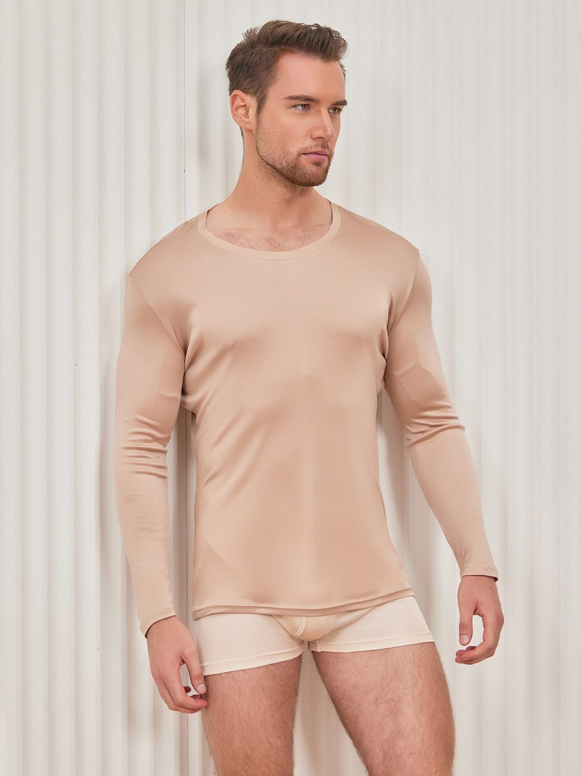 [Beige] SilkSilky-IT Maglia di seta Mens T-Shirt 004