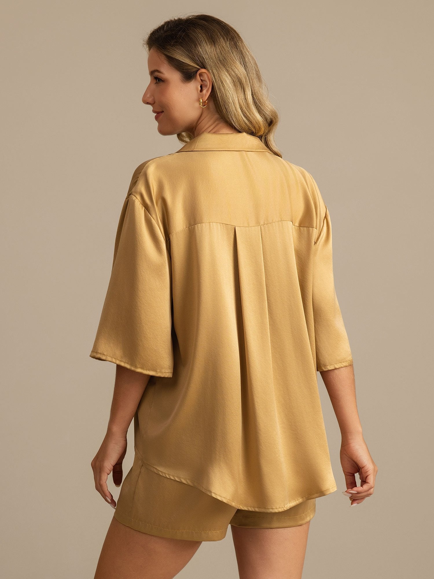 [Marrone Chiaro] SilkSilky-IT 19Momme Seta pura Colletto risvolto Pigiami da donna 002,