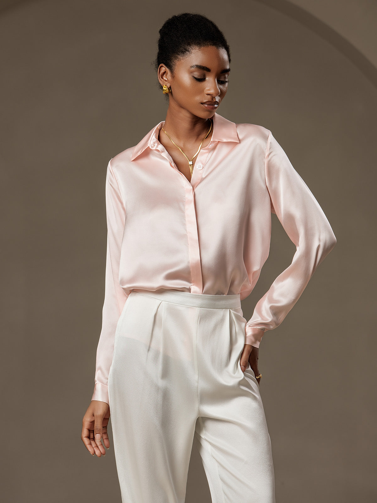 [Rosa] SilkSilky-IT 19Momme Seta Lapel Collar Camicie da donna 001
