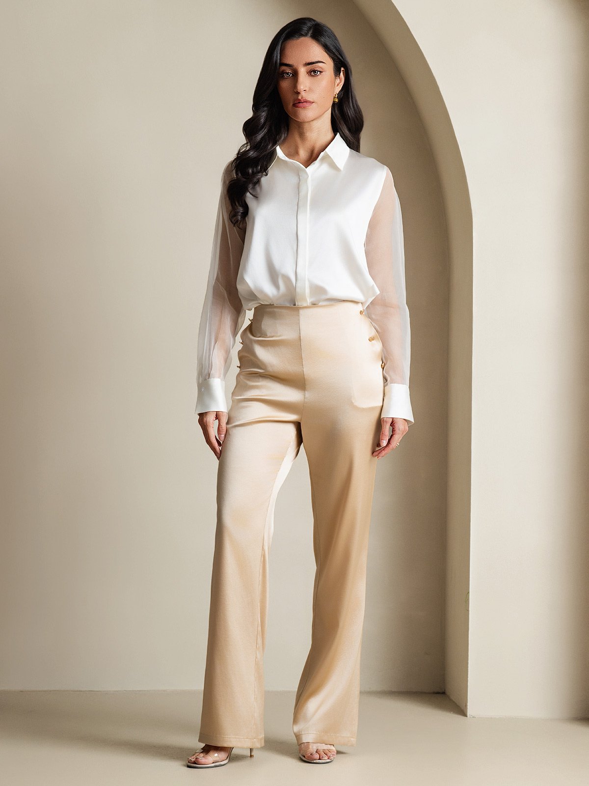 [Bianco] SilkSilky-IT 19Momme Seta Colletto risvolto Camicie da donna 007