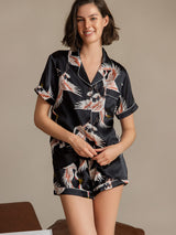 [Nero] SilkSilky-IT Short Sleeve Lapel Collar Pigiami da donna 001