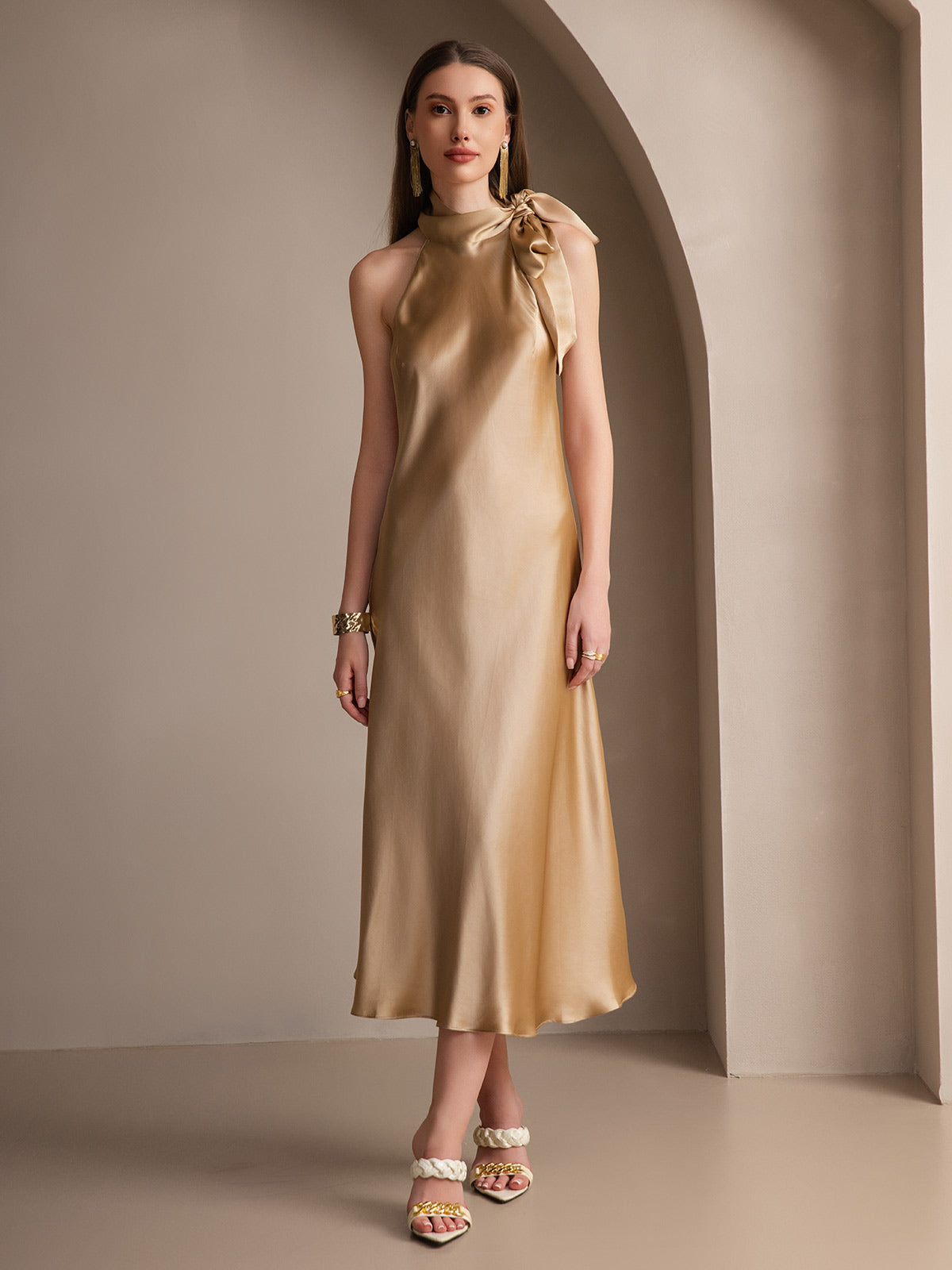SilkSilky-IT 19Momme Seta Senza maniche Nodo al collo Vestiti da donna Champagne 005