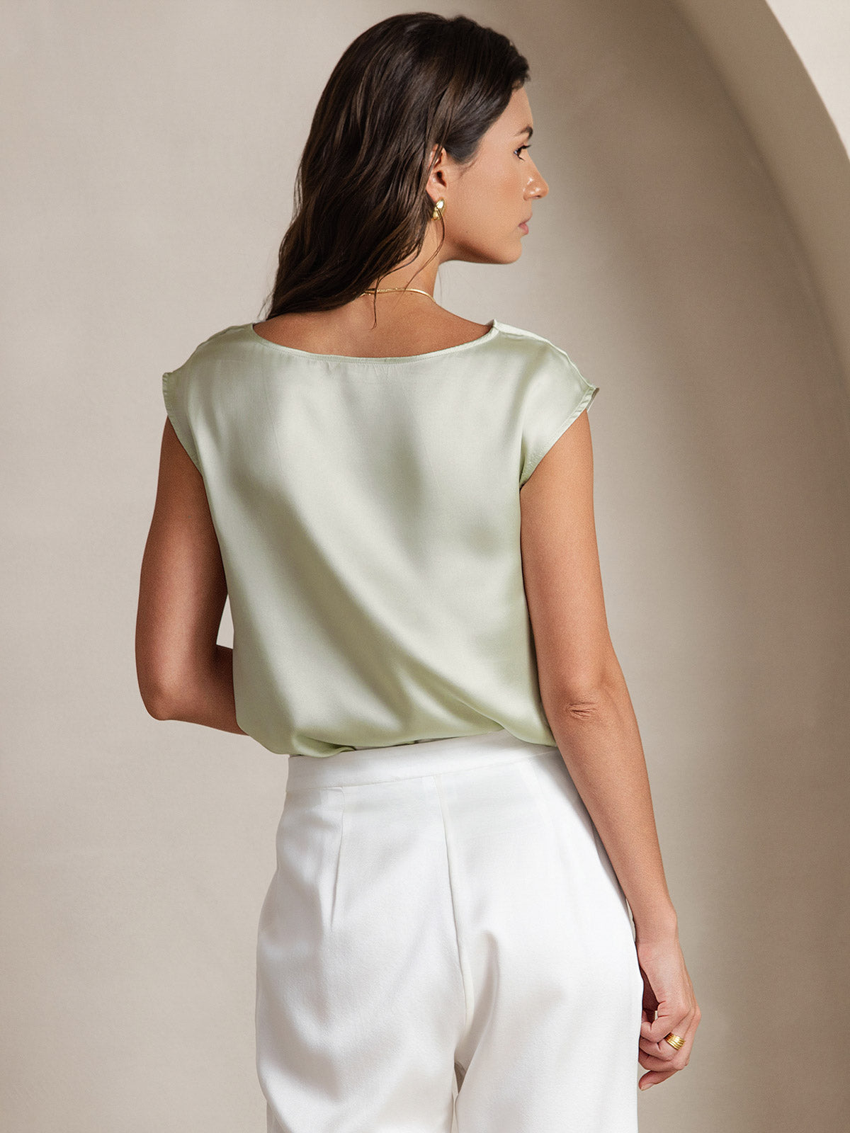 [Verde Chiaro] SilkSilky-IT 19Momme Seta Collo drappeggiato Magliette donna 002