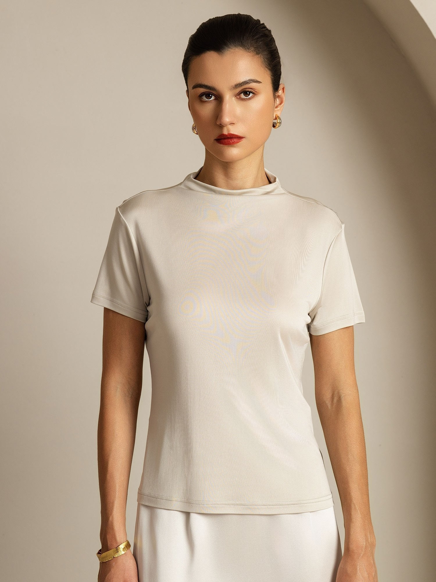 [Grigio] SilkSilky-IT Seta pura Colletto risvolto Magliette donna 006