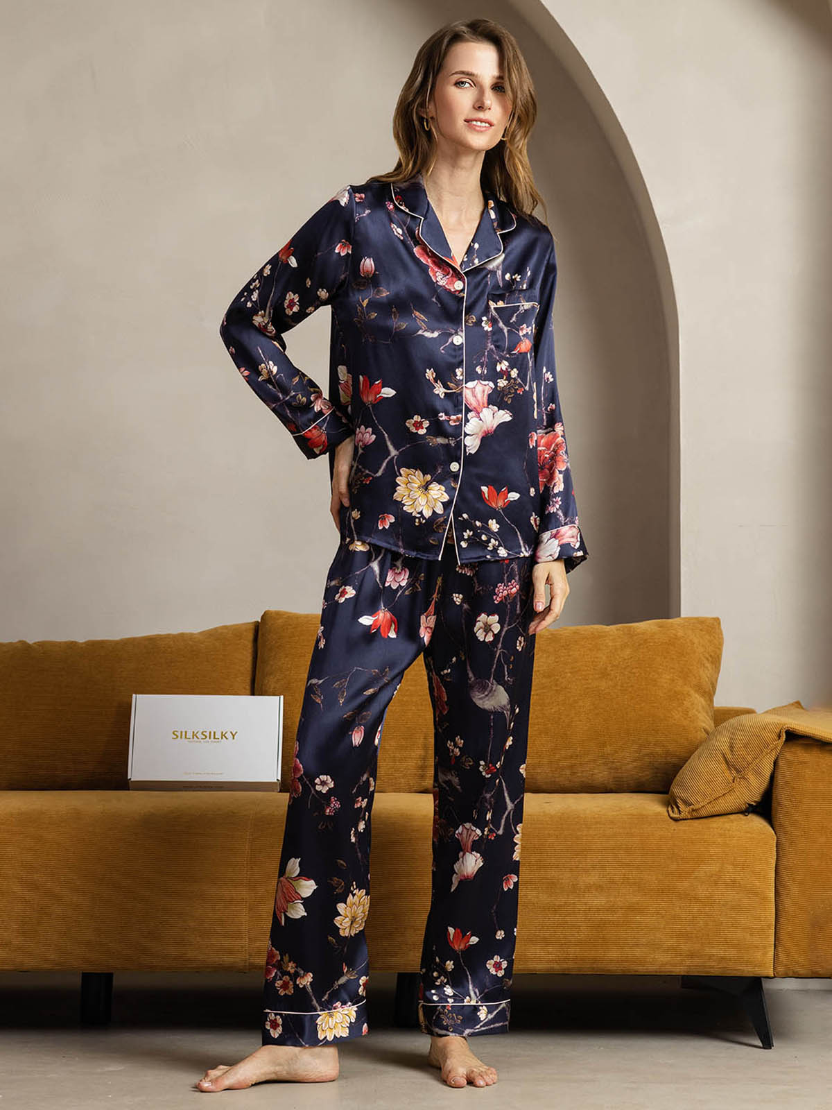 [Floreale Blu Navy] SilkSilky-IT Seta pura Womens Pajamas 001