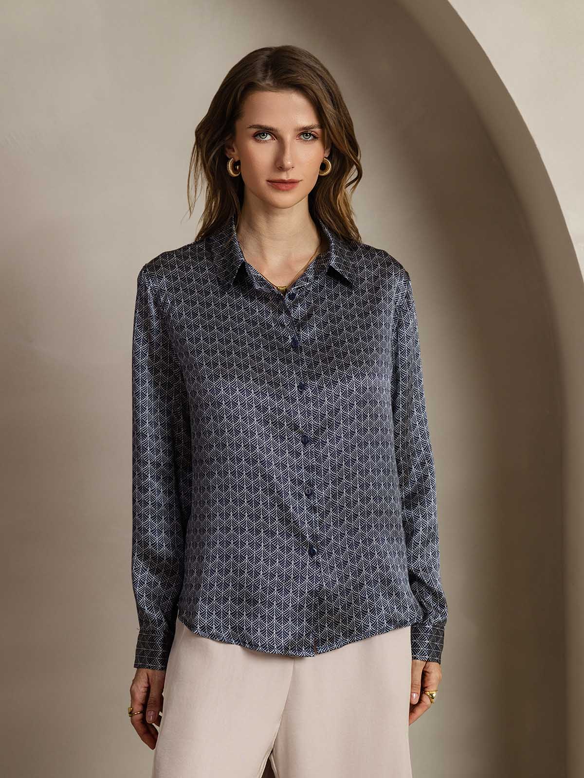 [Ginkgo Blu Navy] SilkSilky-IT Seta Colletto risvolto Camicie da donna 001