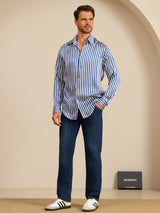 [Righe Navy] SilkSilky-IT 19Momme Manica lunga Colletto con Revers Camicia da uomo 007