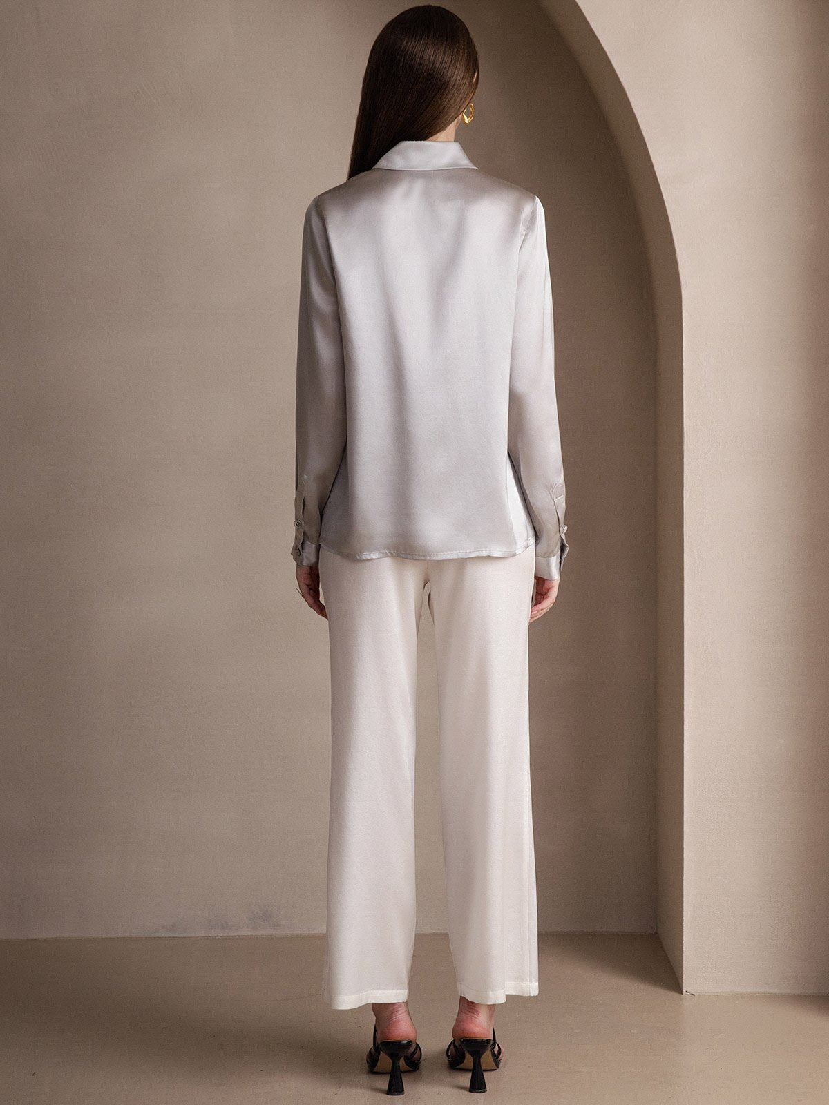 [Grigio Chiaro] SilkSilky-IT 19Momme Seta Manica lunga Colletto risvolto Camicie da donna 002