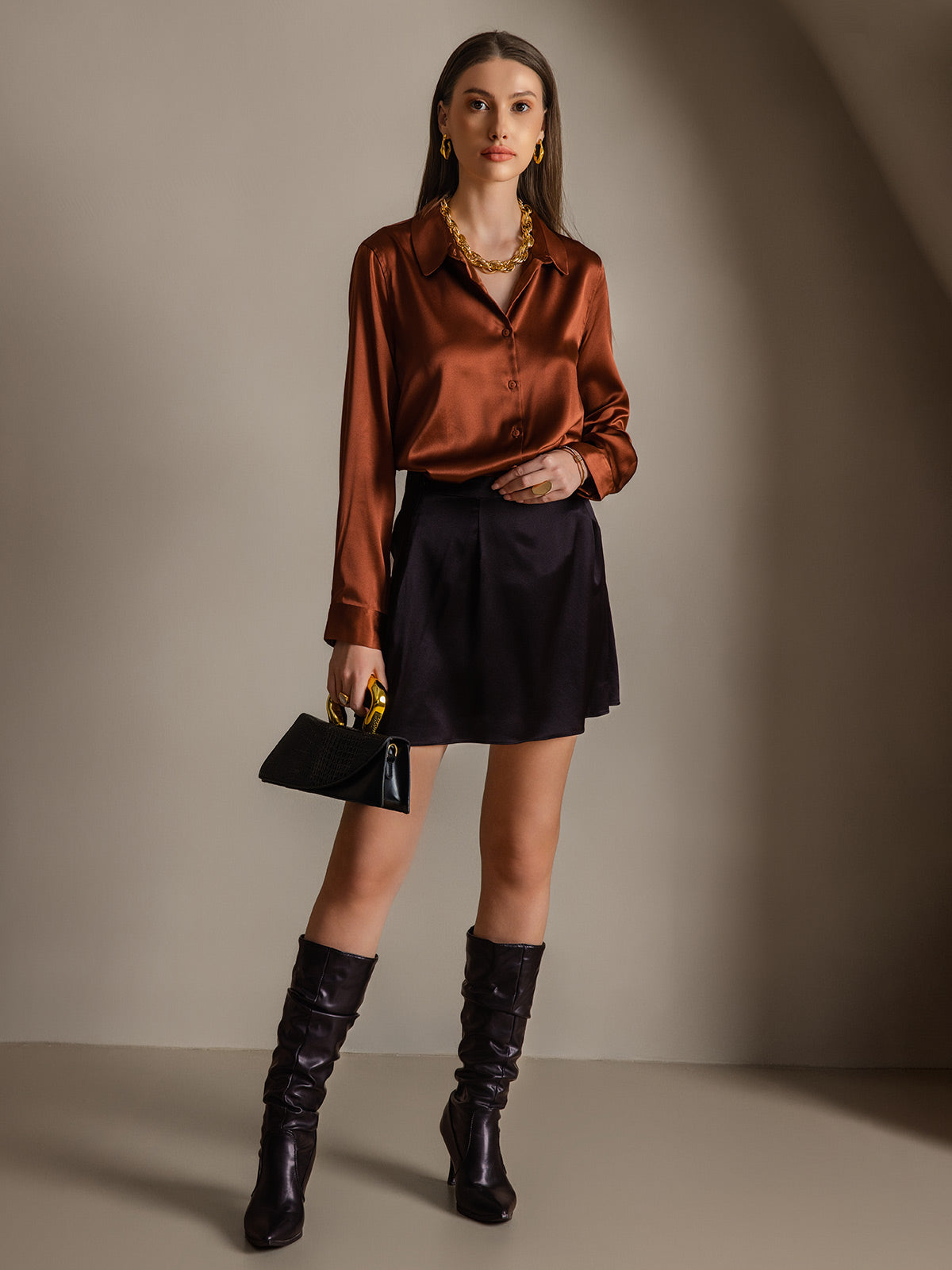 [Caramello] SilkSilky-IT Seta Manica lunga Colletto risvolto Camicie da donna 005