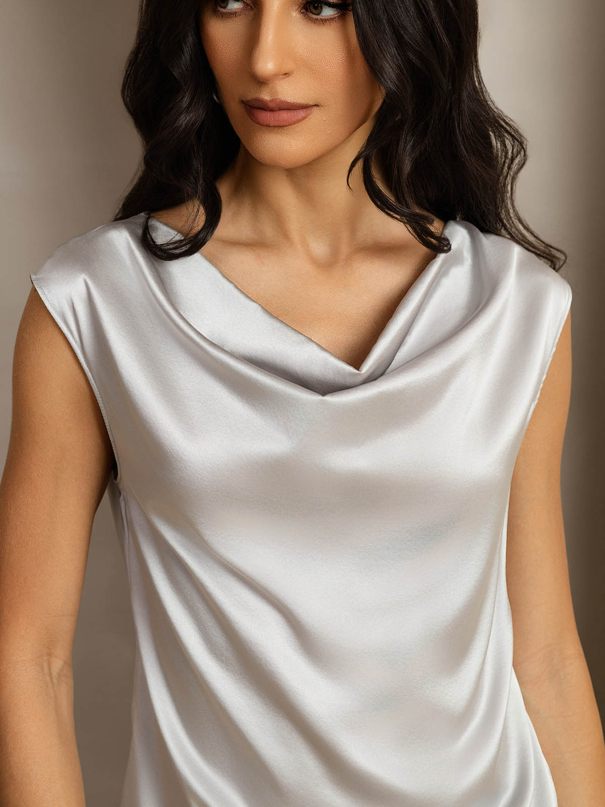 [Argento] SilkSilky-IT 19Momme Seta Collo drappeggiato Magliette donna 005