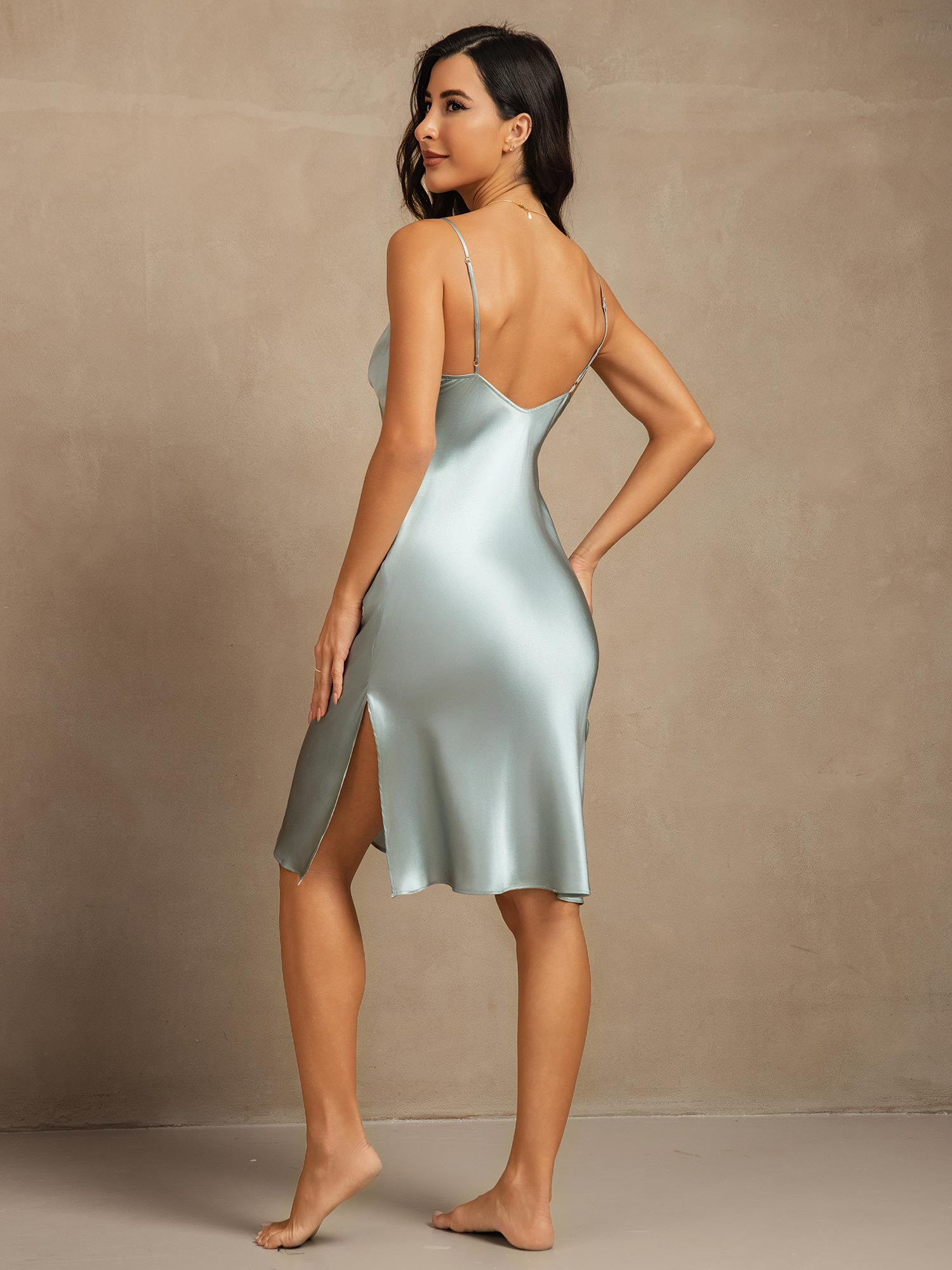 [Azzurro] SilkSilky-IT Seta pura Scollo a V profondo Vestiti da donna 002