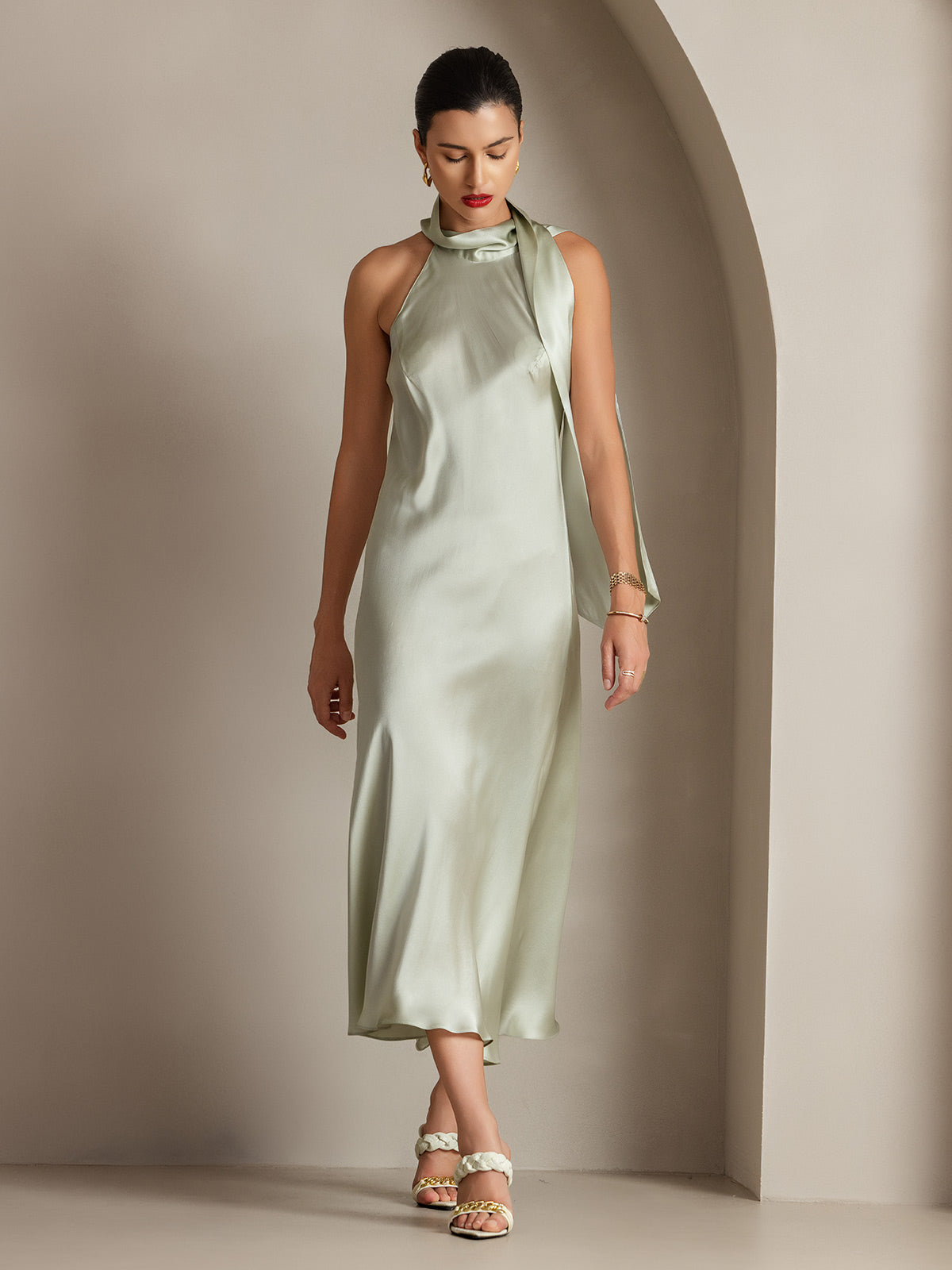 SilkSilky-IT 19Momme Seta Senza maniche Nodo al collo Vestiti da donna VerdeChiaro 001