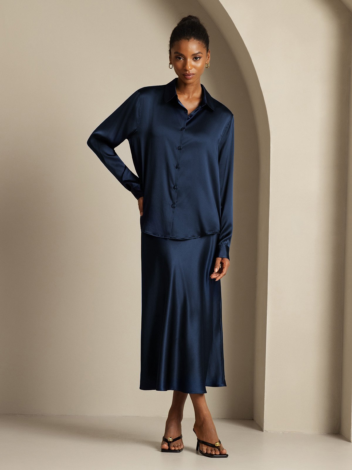 [Blu Scuro] SilkSilky-IT 19Momme Seta Colletto risvolto Women''s Outfit Sets 006,