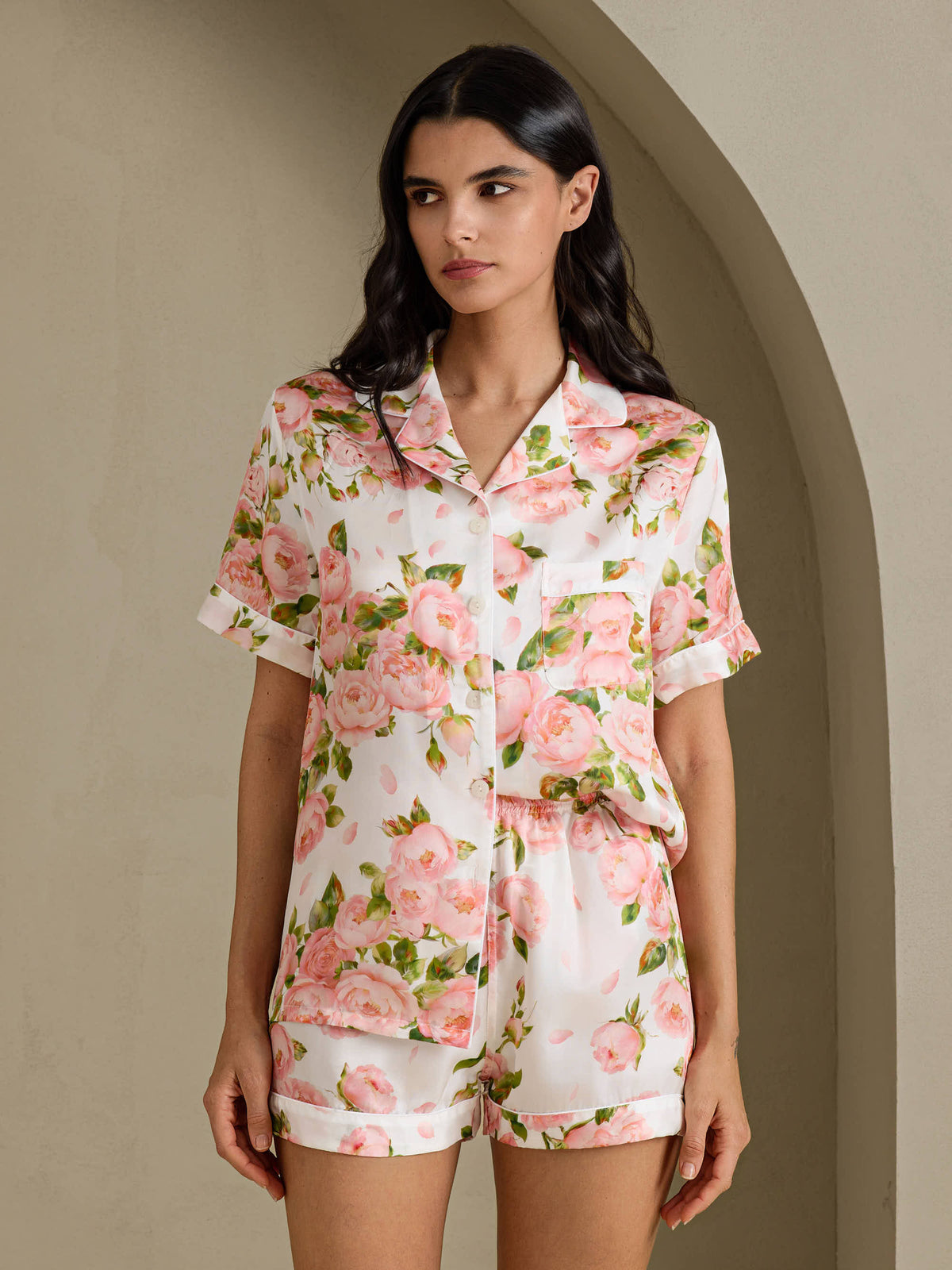 [Peonia Bianca] SilkSilky-IT Short Sleeve Notch Collar Pigiami da donna 001