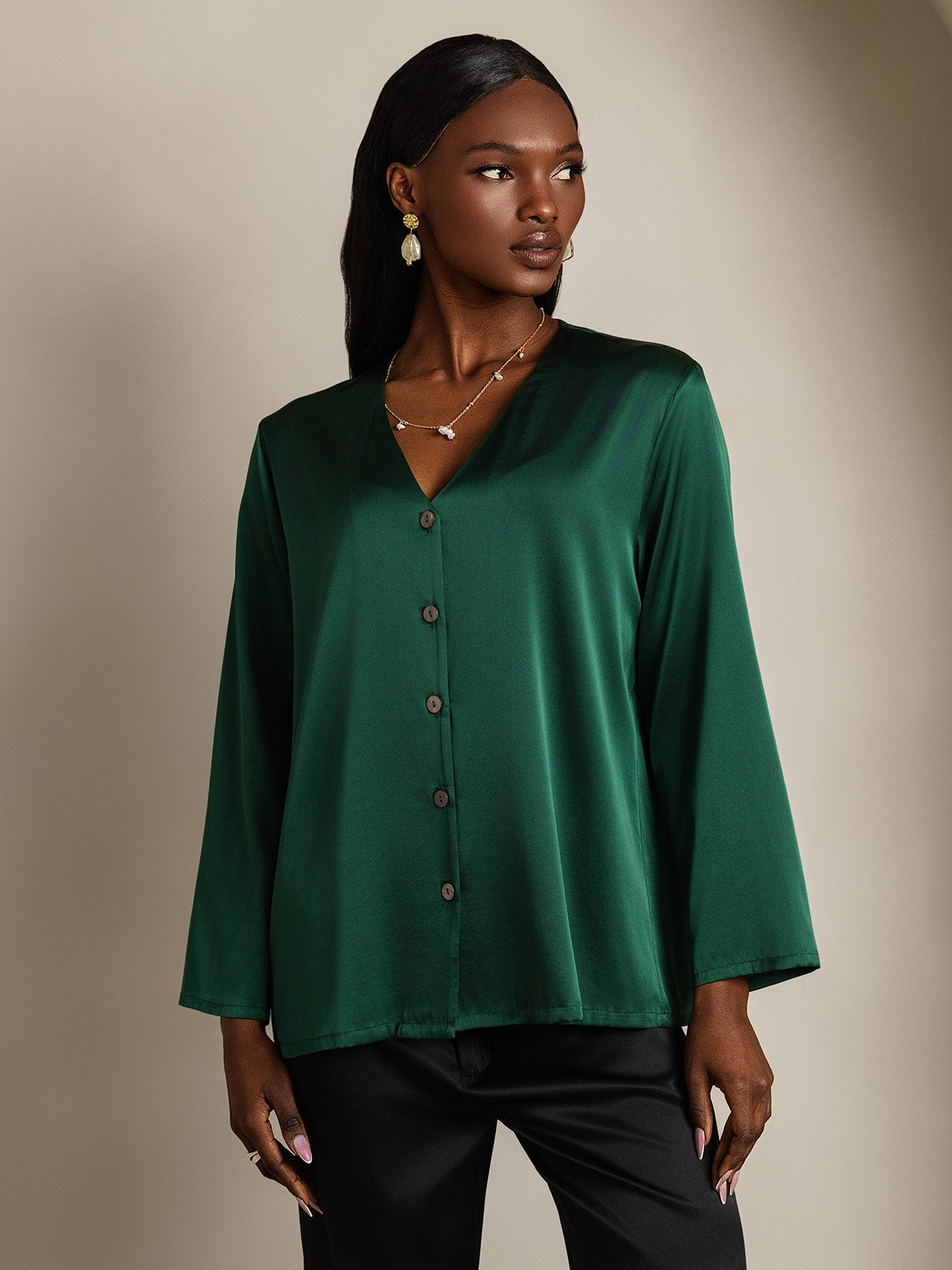 [Verde Scuro] SilkSilky-IT 19Momme Seta Collo a V Camicie da donna 005