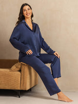 [Blu Scuro] SilkSilky-IT 19Momme Manica lunga Collo a Taglio Pigiami da donna 008