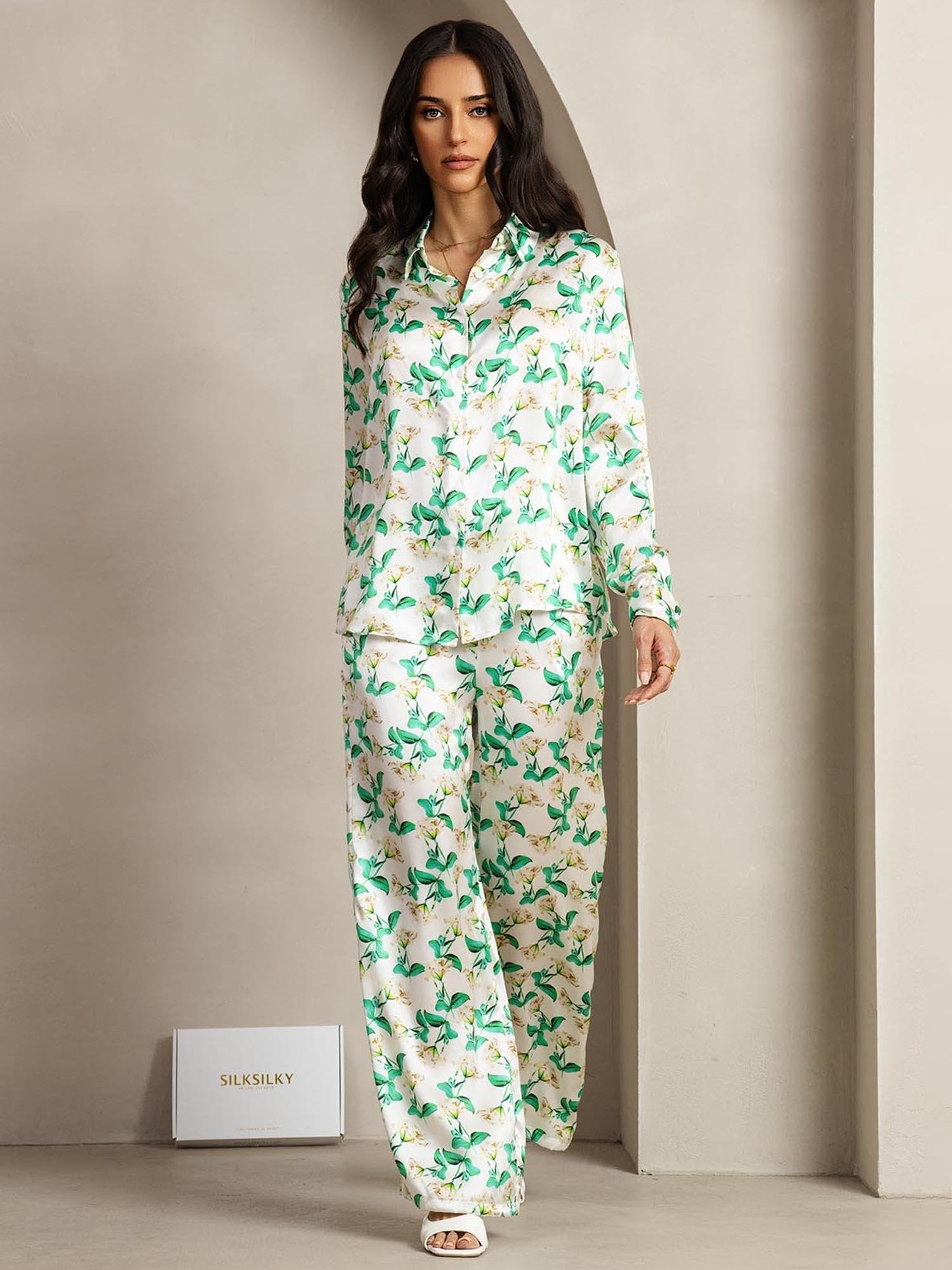 [Floreale Verde] SilkSilky-IT 19Momme Seta Colletto risvolto Women''s Outfit Sets 002
