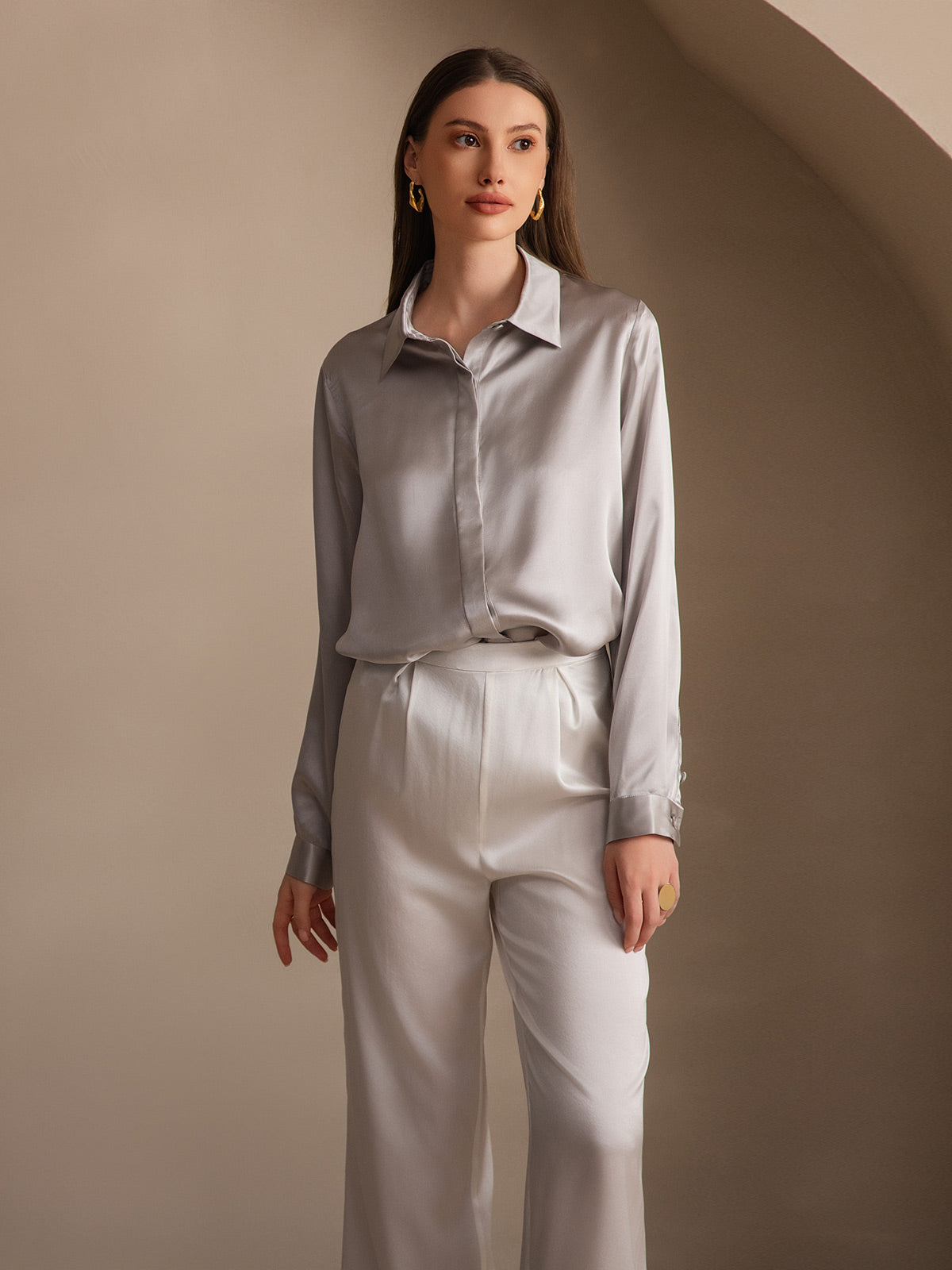 [Grigio Chiaro] SilkSilky-IT 19Momme Seta Lapel Collar Camicie da donna 006