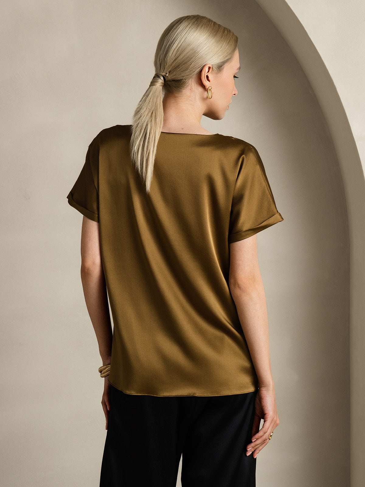 [Marrone] SilkSilky-IT 19Momme Seta Womens T-Shirt 002