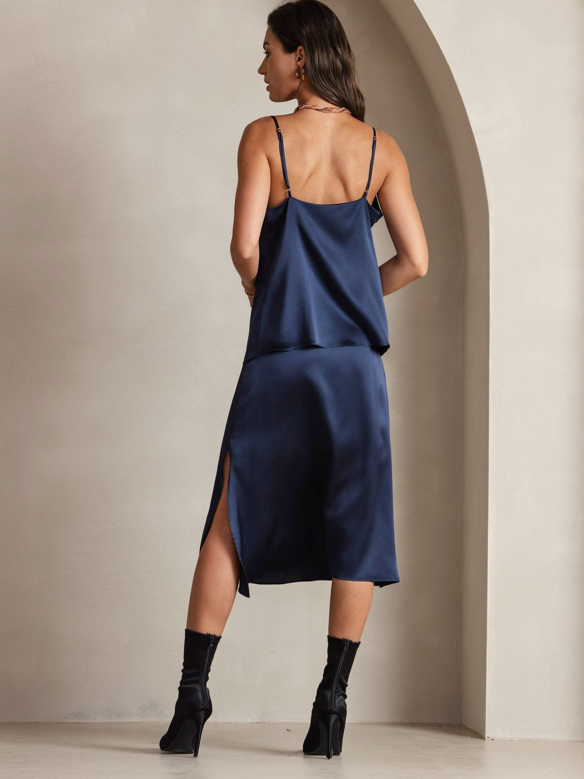 [Blu Scuro] SilkSilky-IT 19Momme Tirantes Finos Collo drappeggiato Cami 002