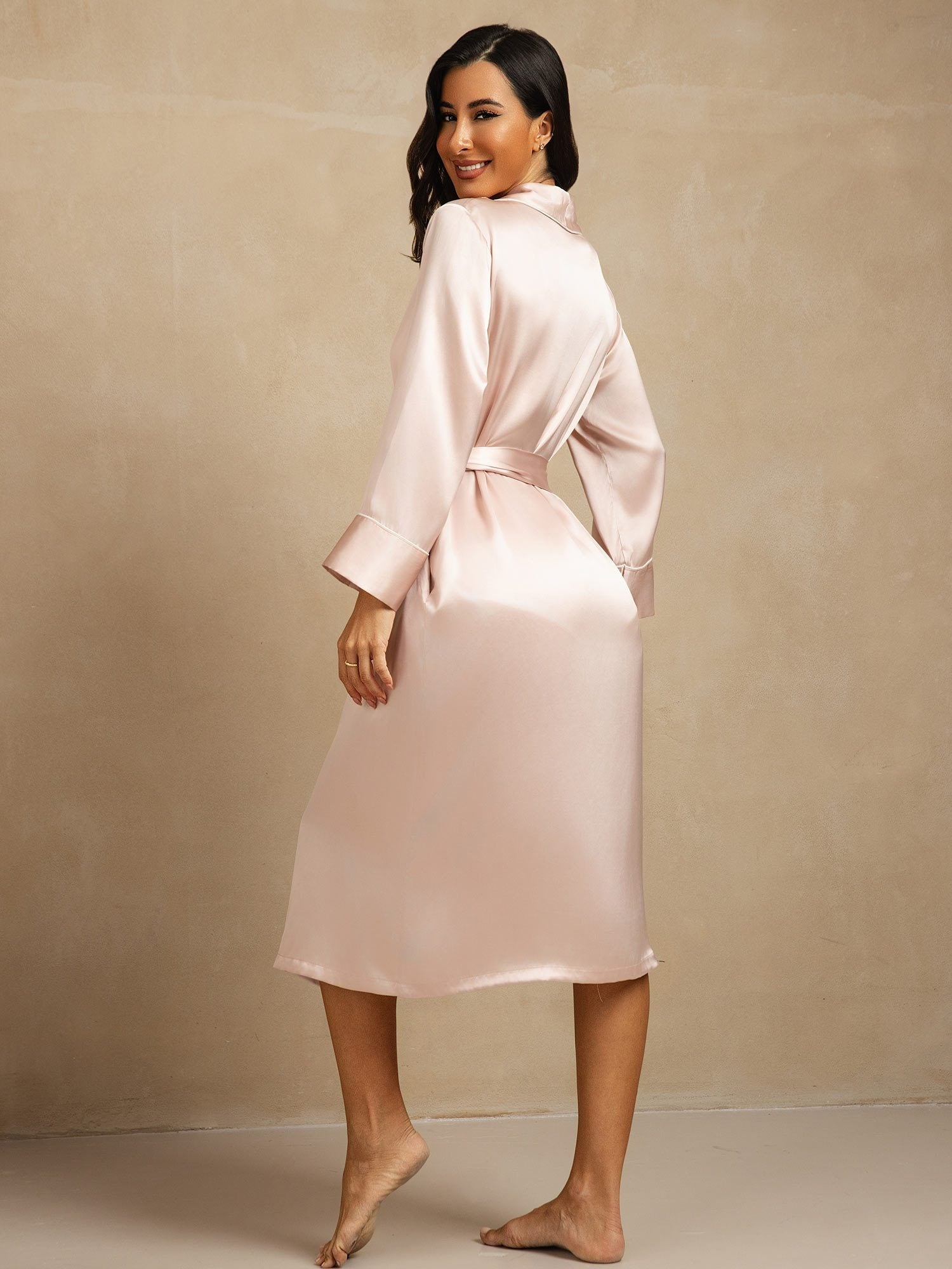 [Rosa] SilkSilky-IT Seta pura Colletto risvolto Vestaglia da donna 002,