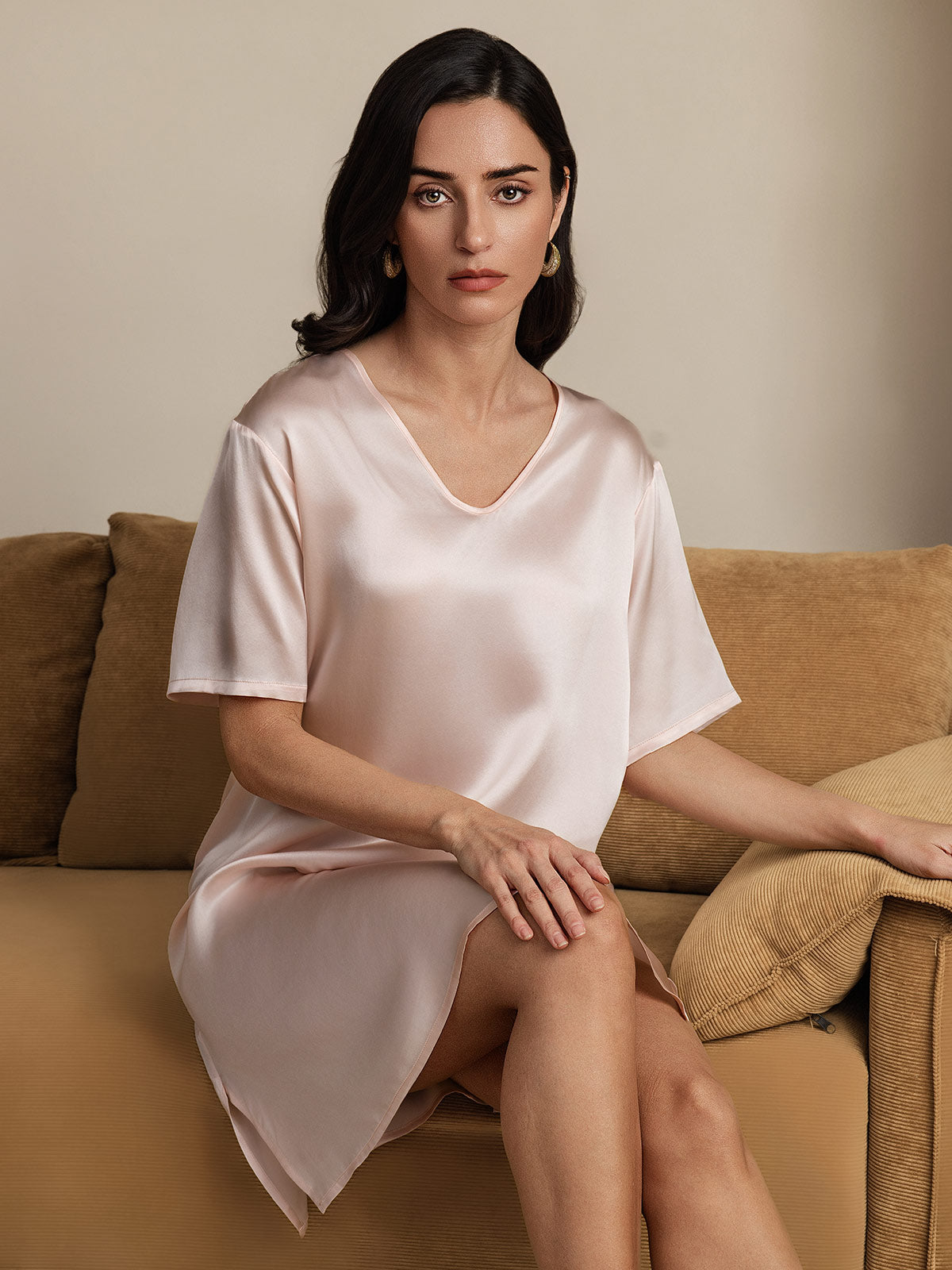 [Rosa Chiaro] SilkSilky-IT Seta pura Collo a V Camicia da notte 006