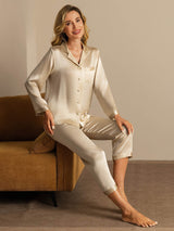 [Champagne] SilkSilky-IT Long Sleeve Lapel Collar Pigiami da donna 005