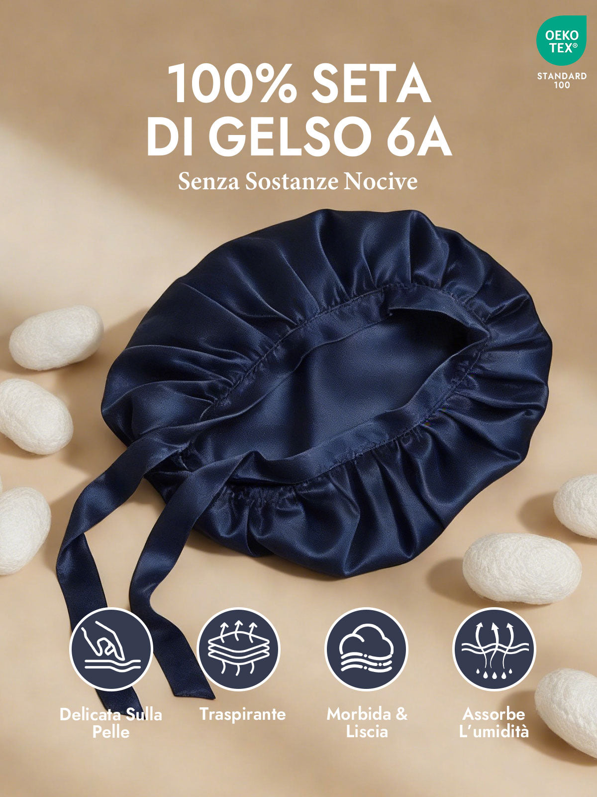 [Blu Scuro] SilkSilky-IT Cuffia di seta 002