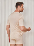 SilkSilky-IT Maglia di seta Maniche Corte Collo a V Maglietta da uomo Beige 002