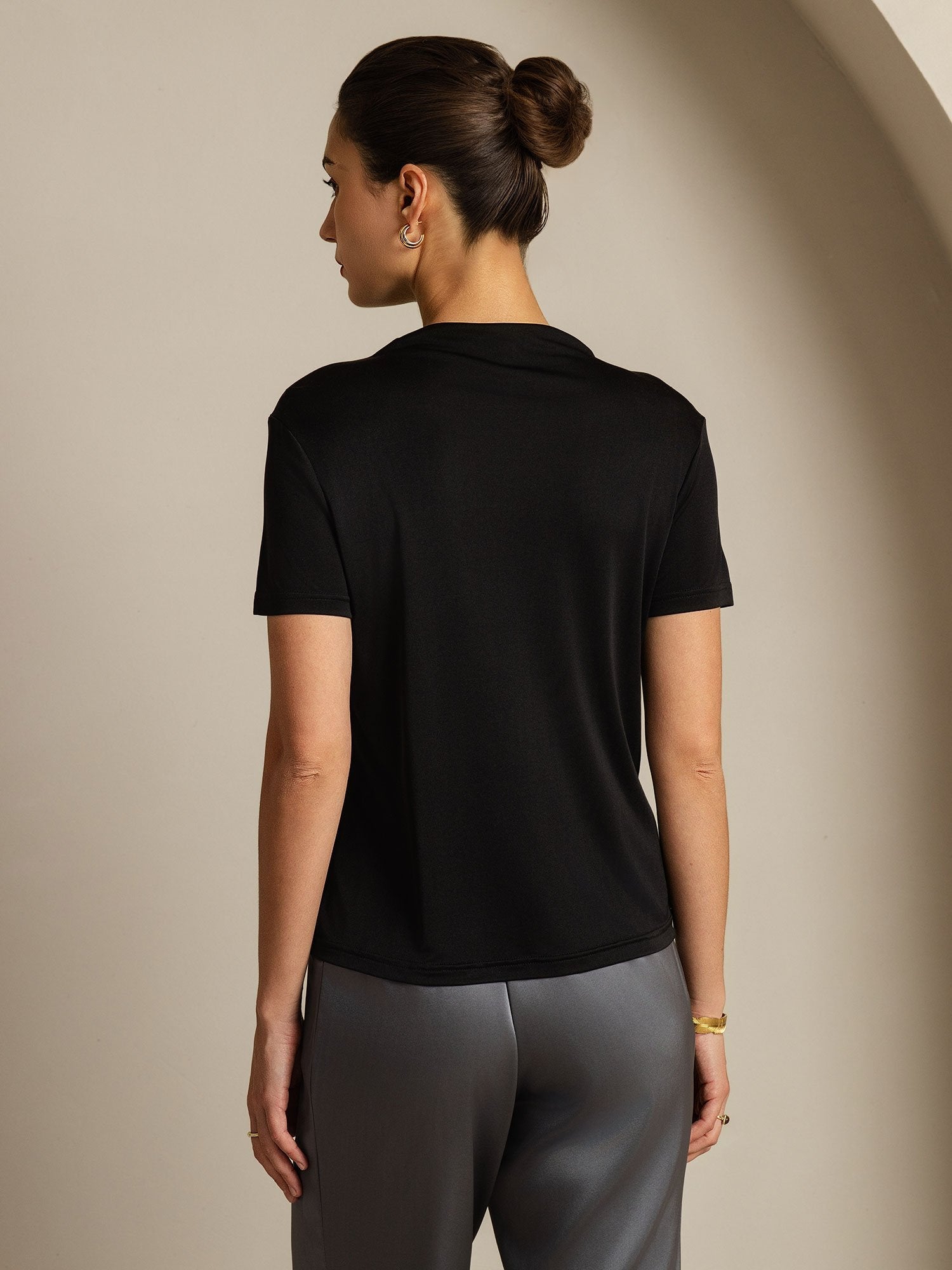 [Nero] SilkSilky-IT Seta pura Colletto risvolto Magliette donna 002