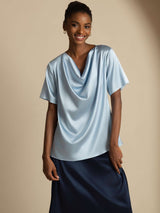 [Blu Grigiastro] SilkSilky-IT Short Sleeve Cowl Neck Bluse 004