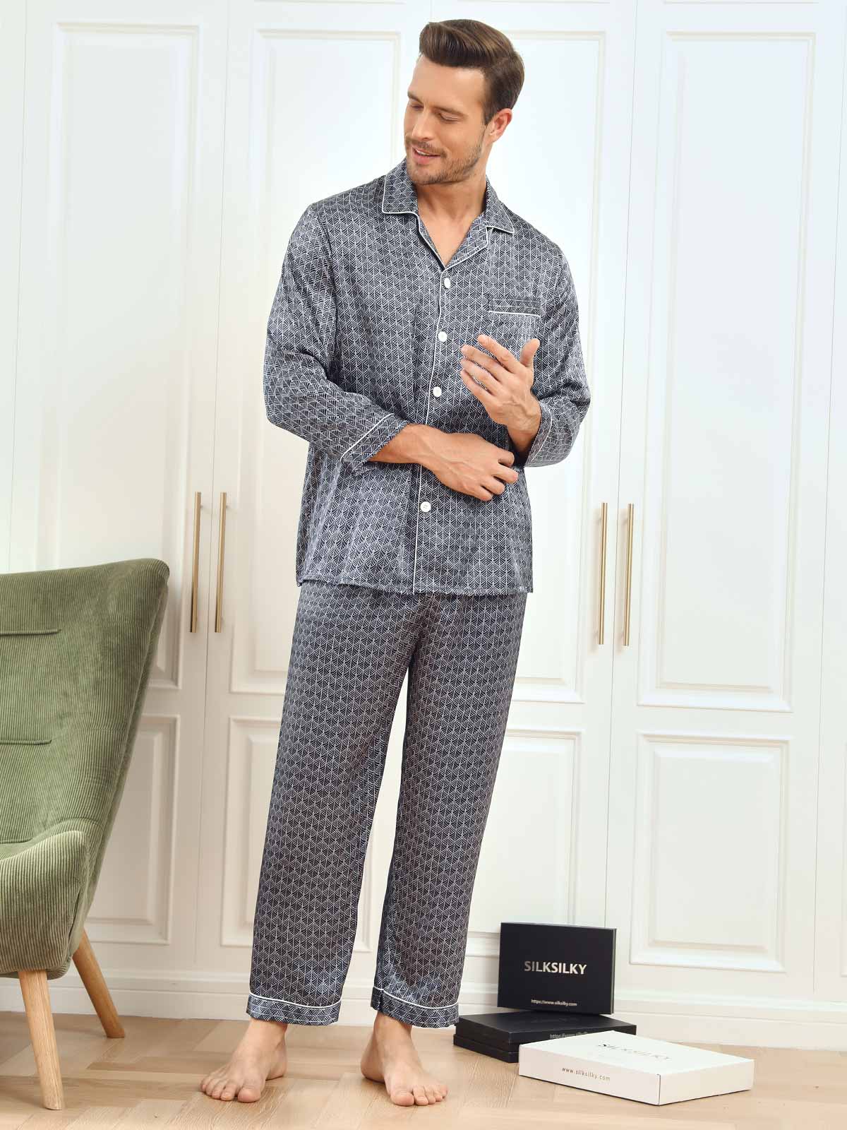 [Ginkgo Blu Navy] SilkSilky-IT 19Momme Seta pura Mens Pajamas 007