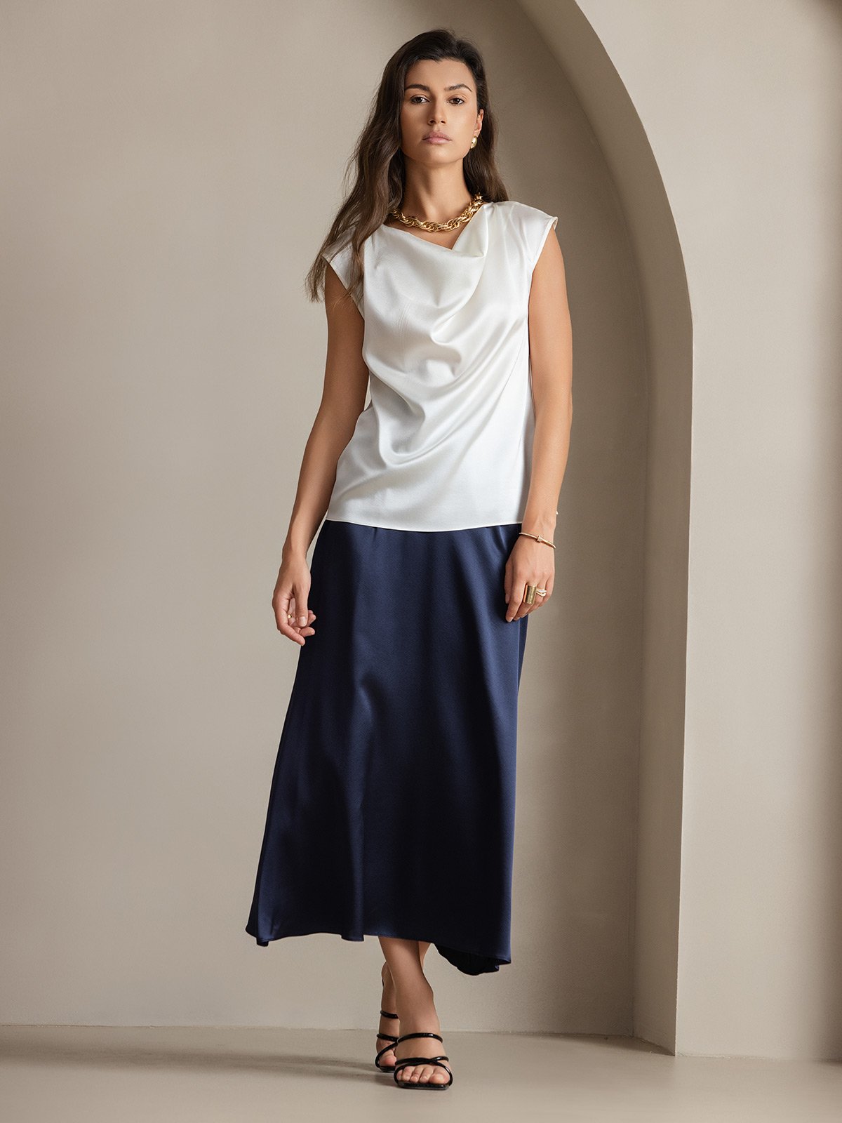 [Bianco] SilkSilky-IT 19Momme Manica a Cuffia Collo drappeggiato Magliette donna 007