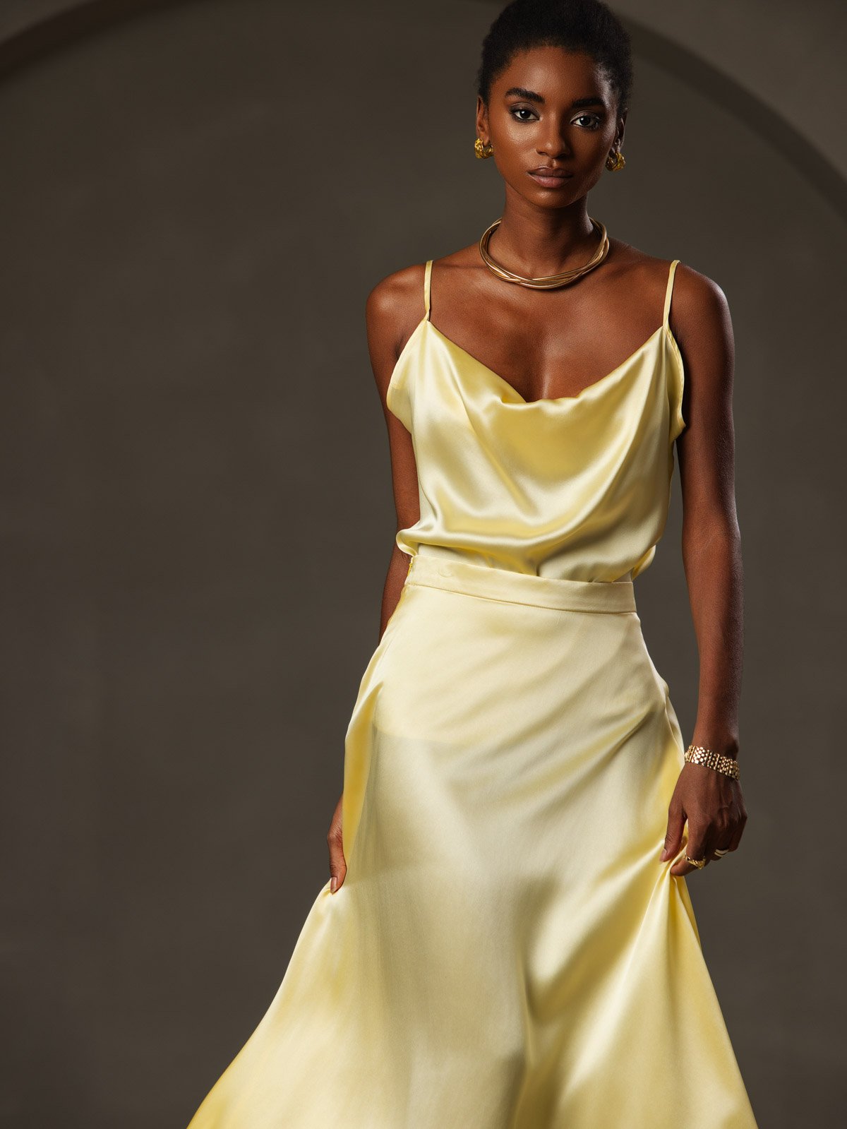 [Giallo] SilkSilky-IT 19Momme Tirantes Finos Collo drappeggiato Cami 003