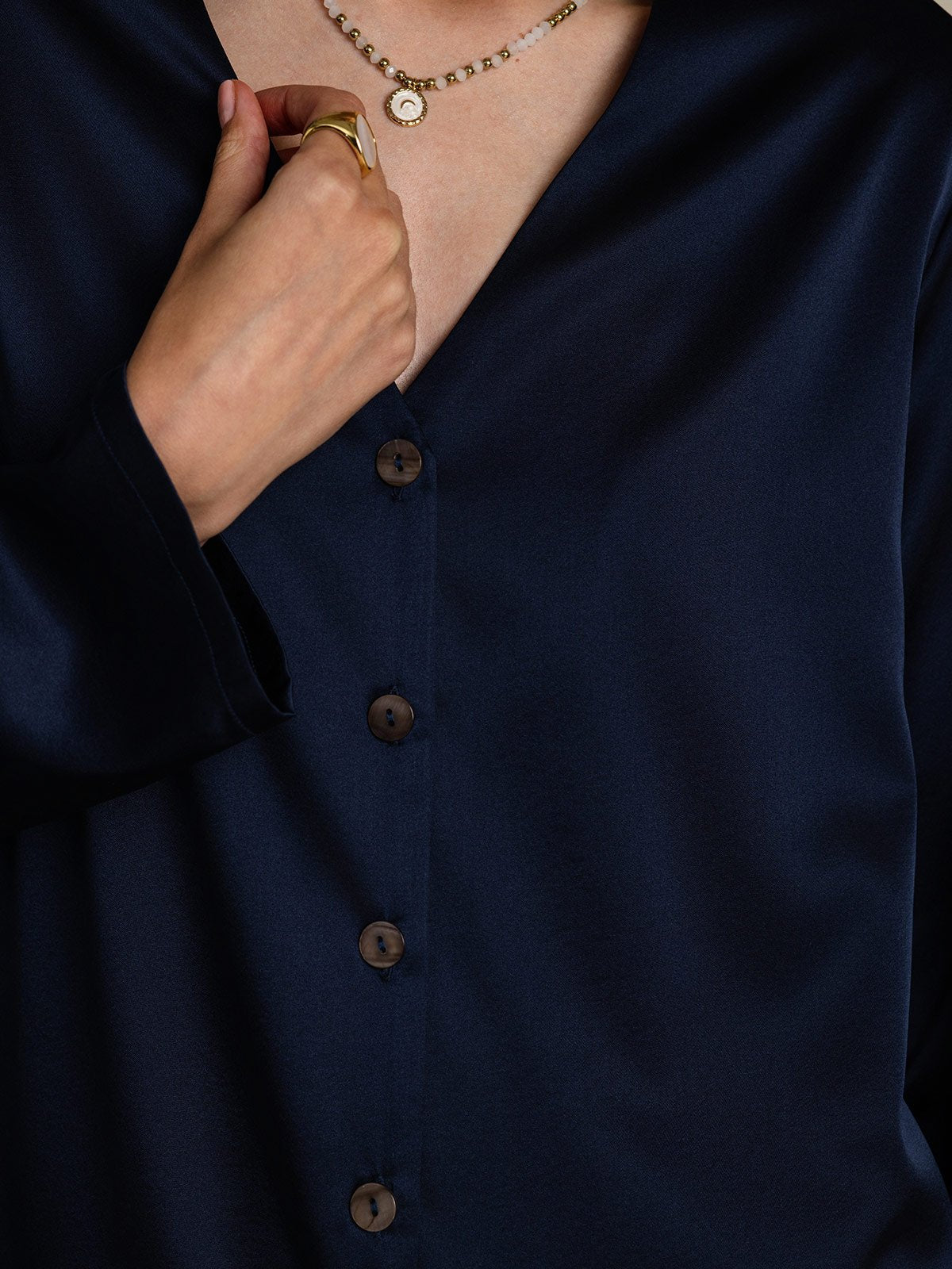 [Blu Scuro] SilkSilky-IT 19Momme Seta Collo a V Camicie da donna 007
