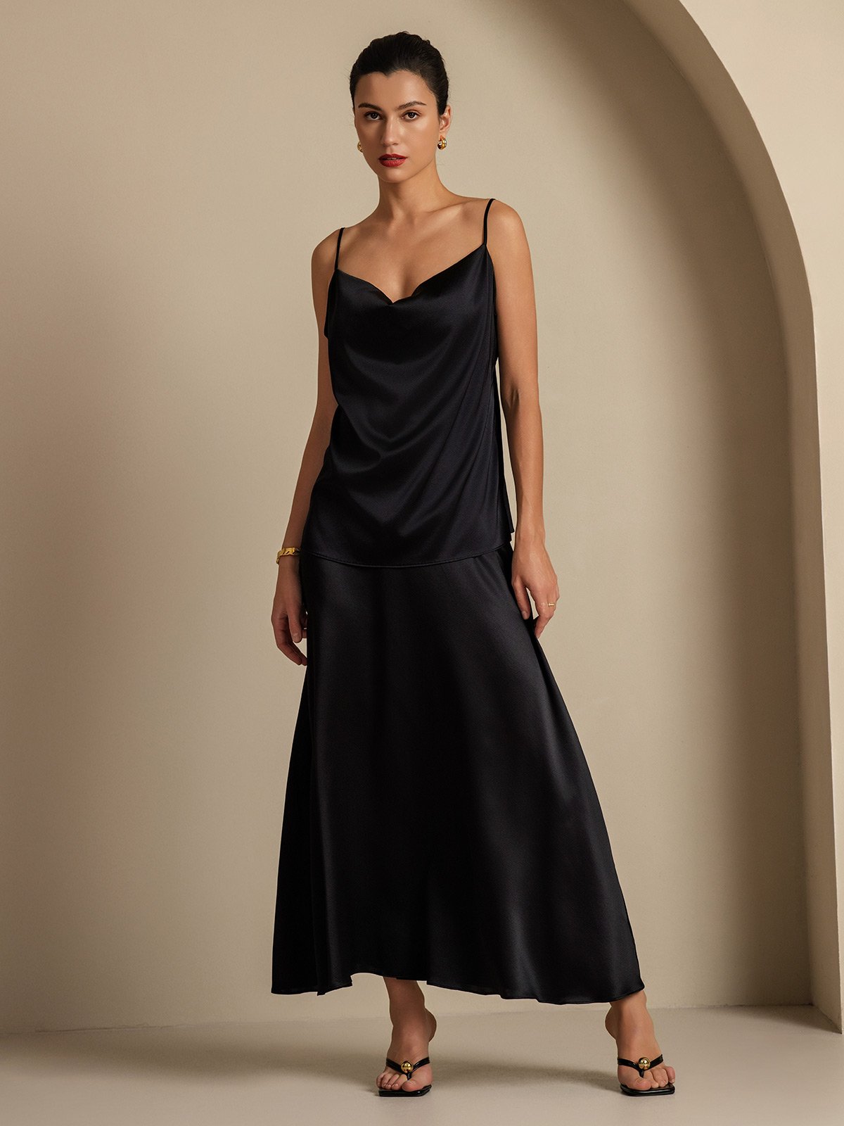 [Nero] SilkSilky-IT 19Momme Seta Collo drappeggiato Women''s Outfit Sets 007,