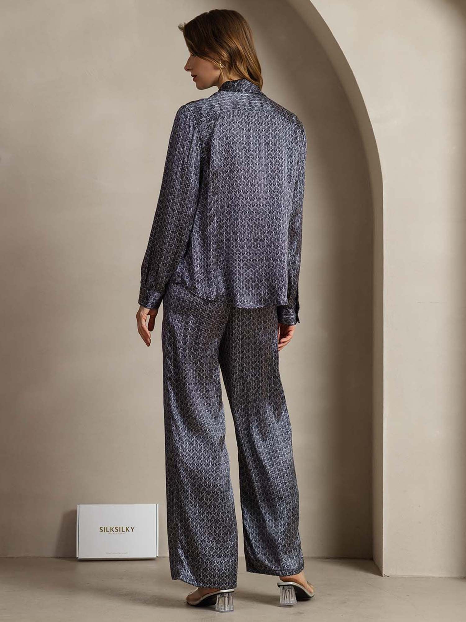 [Ginkgo Blu Navy] SilkSilky-IT 19Momme Seta Colletto risvolto Women''s Outfit Sets 004,